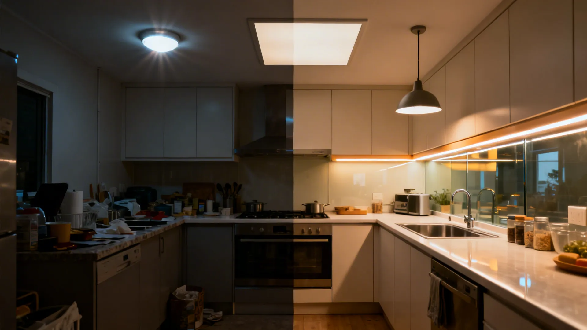Before and after comparison of kitchen lighting with dark messy space versus bright organized room