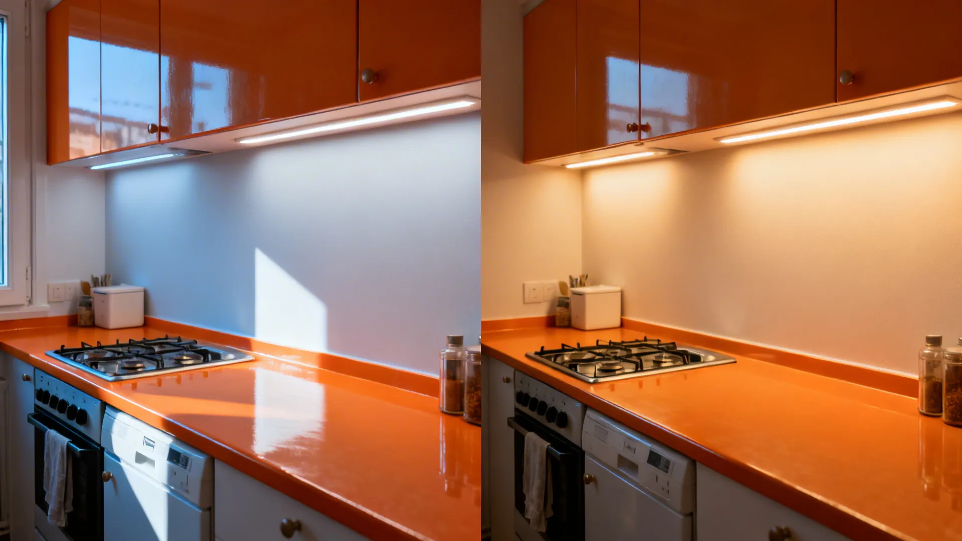 Split view of orange-counter kitchen before with cool glare and after with warm LEDs and satin walls.