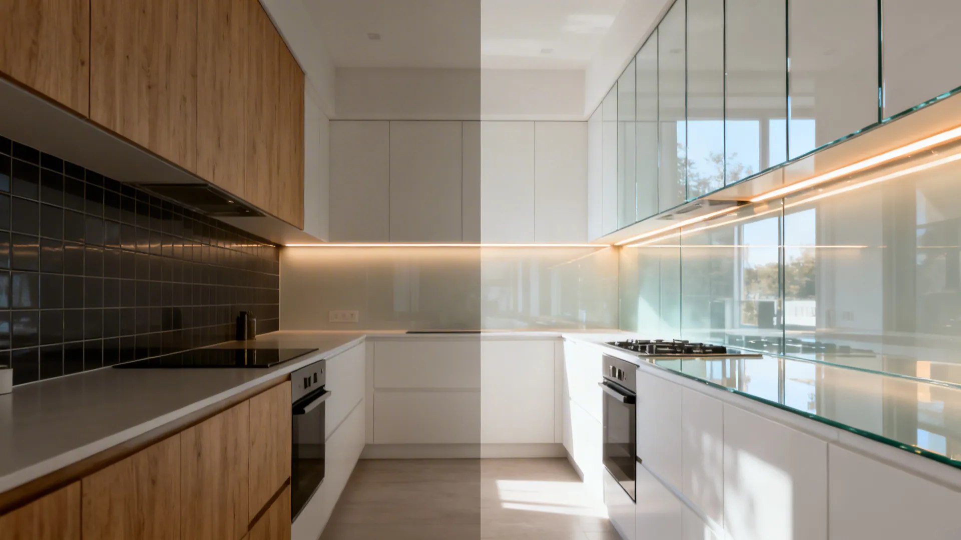 Before and after kitchen showing tile vs glass backsplash and layered lighting effects.
