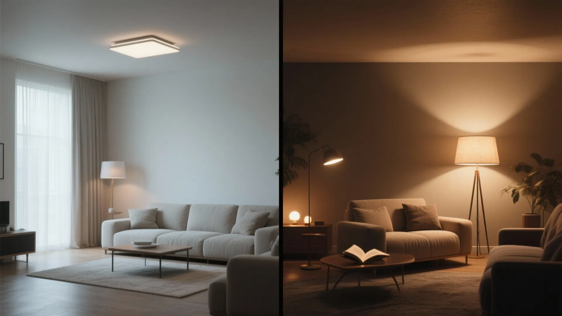 Side-by-side comparison of a neutral living room in bright daylight and warm layered evening lighting.