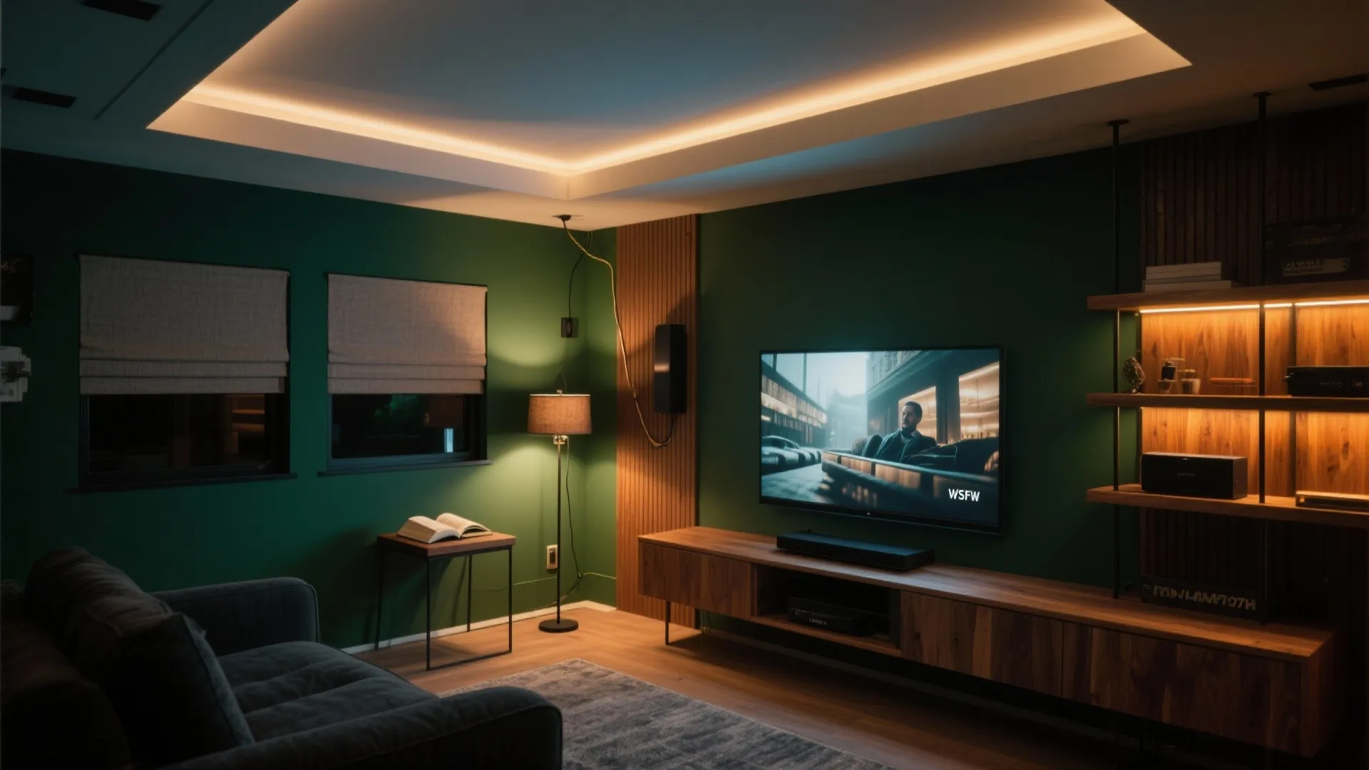 Modern green living room with warm ceiling light and television on a wooden storage cabinet