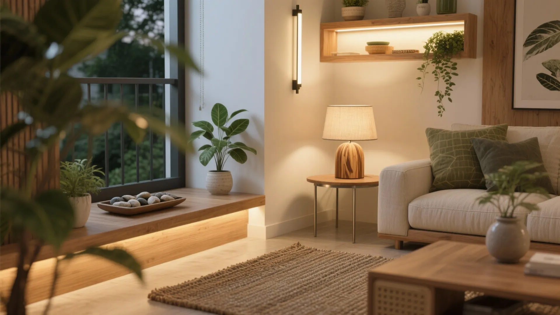 Layered lighting and nature-forward details