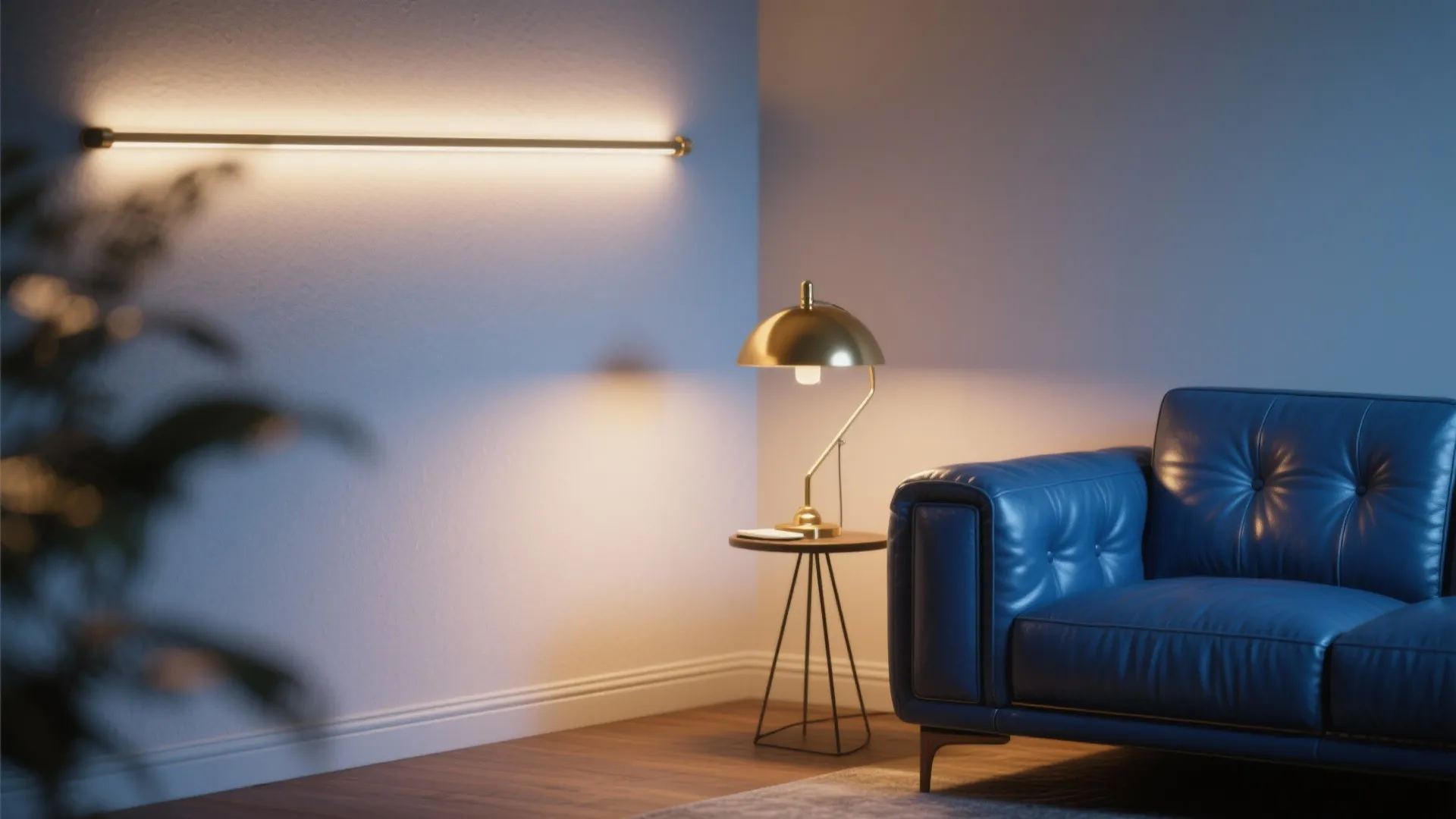 Modern living room corner featuring blue leather sofa gold table lamp and long wall light