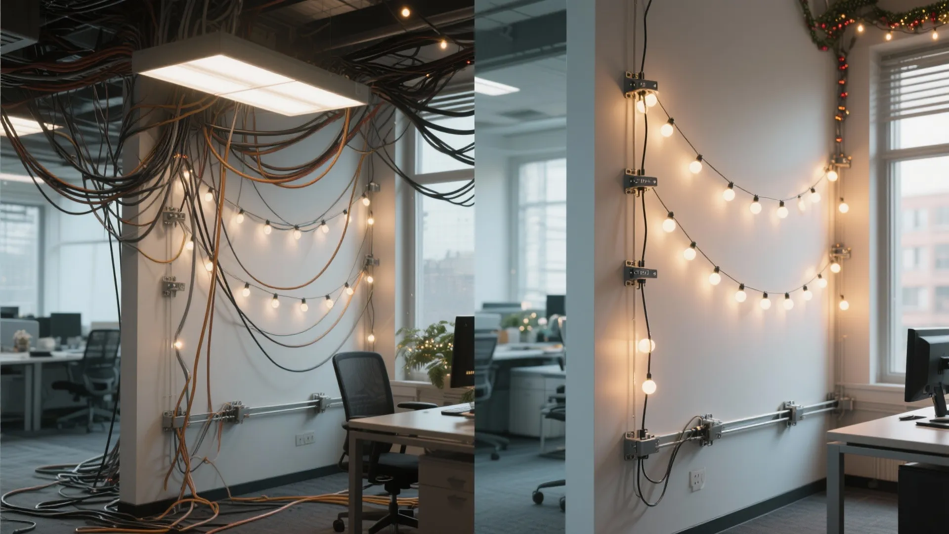 Before and after comparison of messy ceiling wires versus organized string lights in a modern office