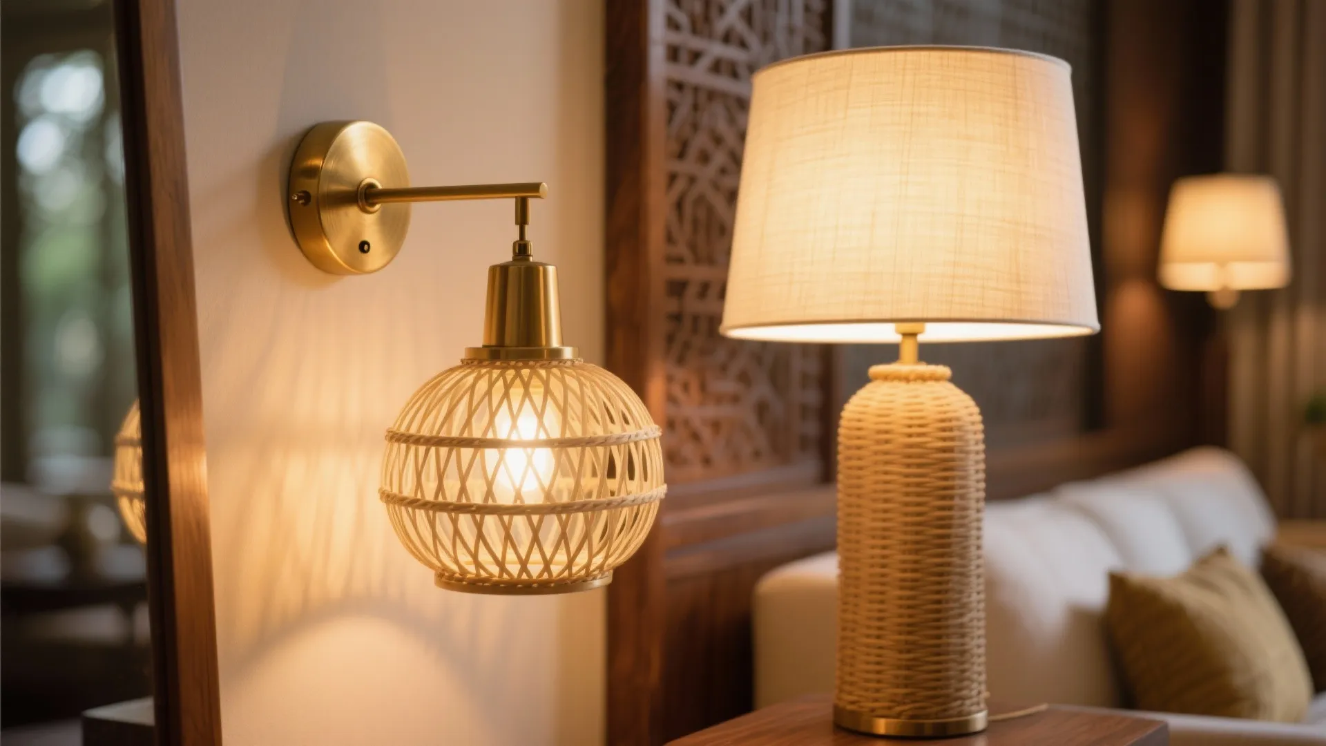 Brass wall light and table lamp with woven rope textures providing warm lighting in room
