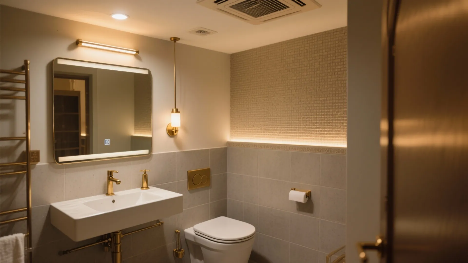 Modern bathroom featuring wall light gold faucet white sink toilet and warm ambient light strip