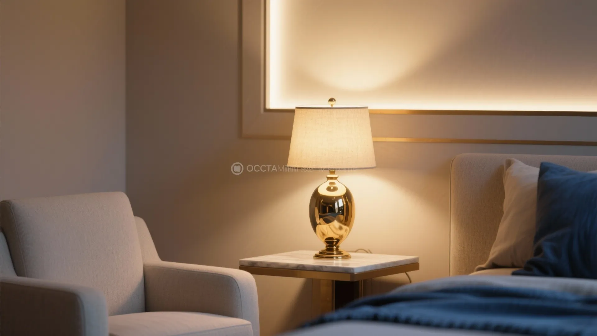 Layered warm lighting with brass accents reflecting light in a beige and blue interior