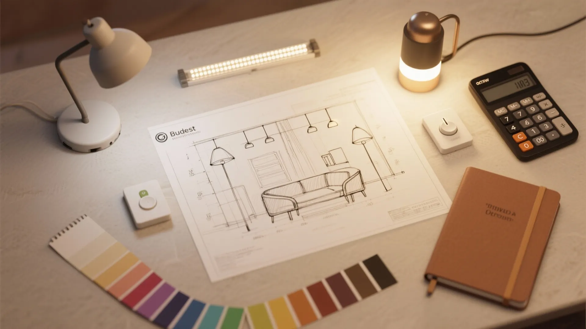 Interior design drawing with calculator notebook and color swatches for a living room lighting project