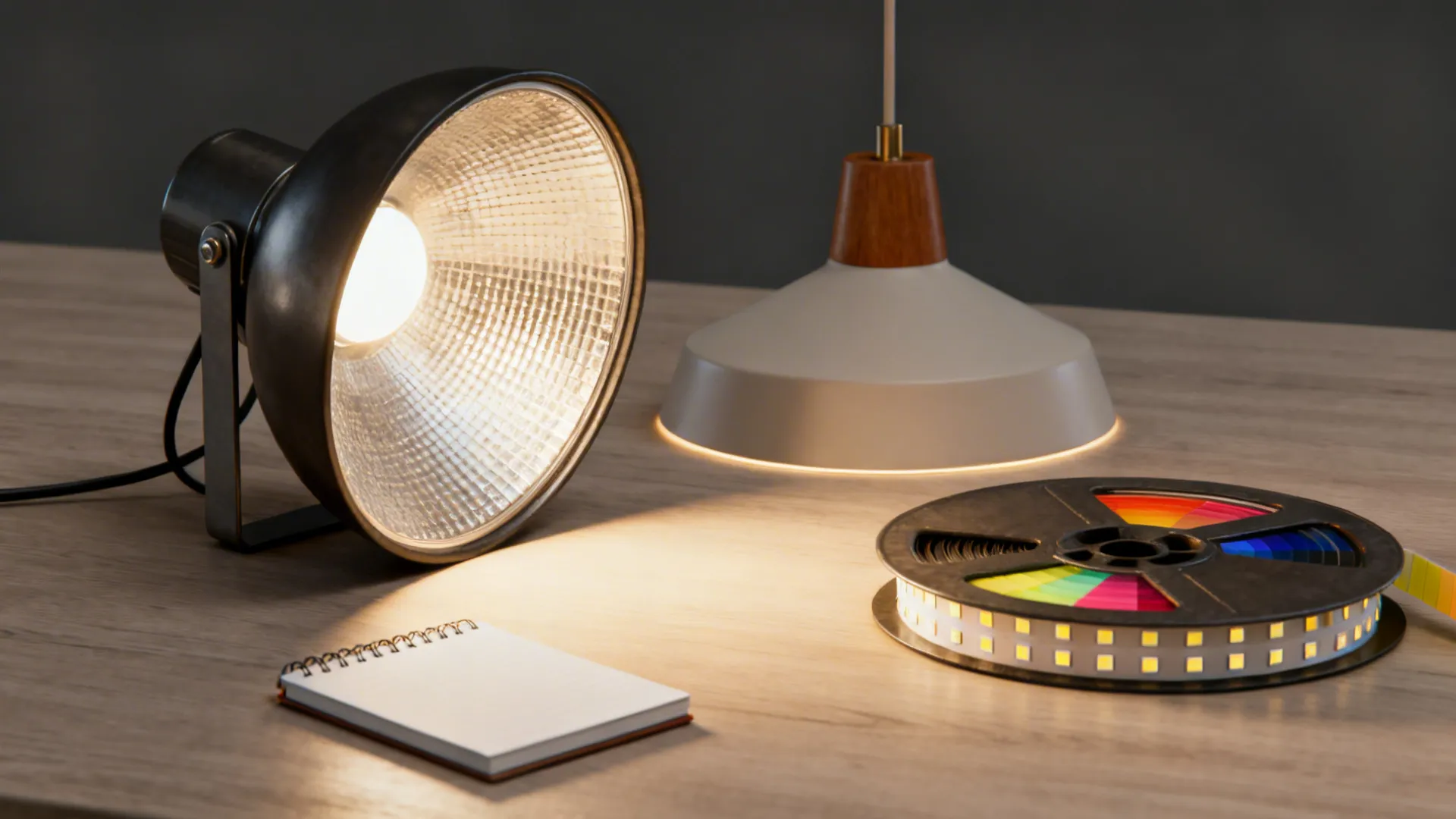 Close-up of lighting samples, LED strip, and color temperature swatches with a budget notebook.