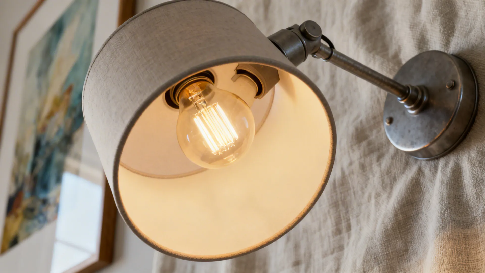 Wall light with fabric shade and glowing light bulb mounted on a beige textured wall