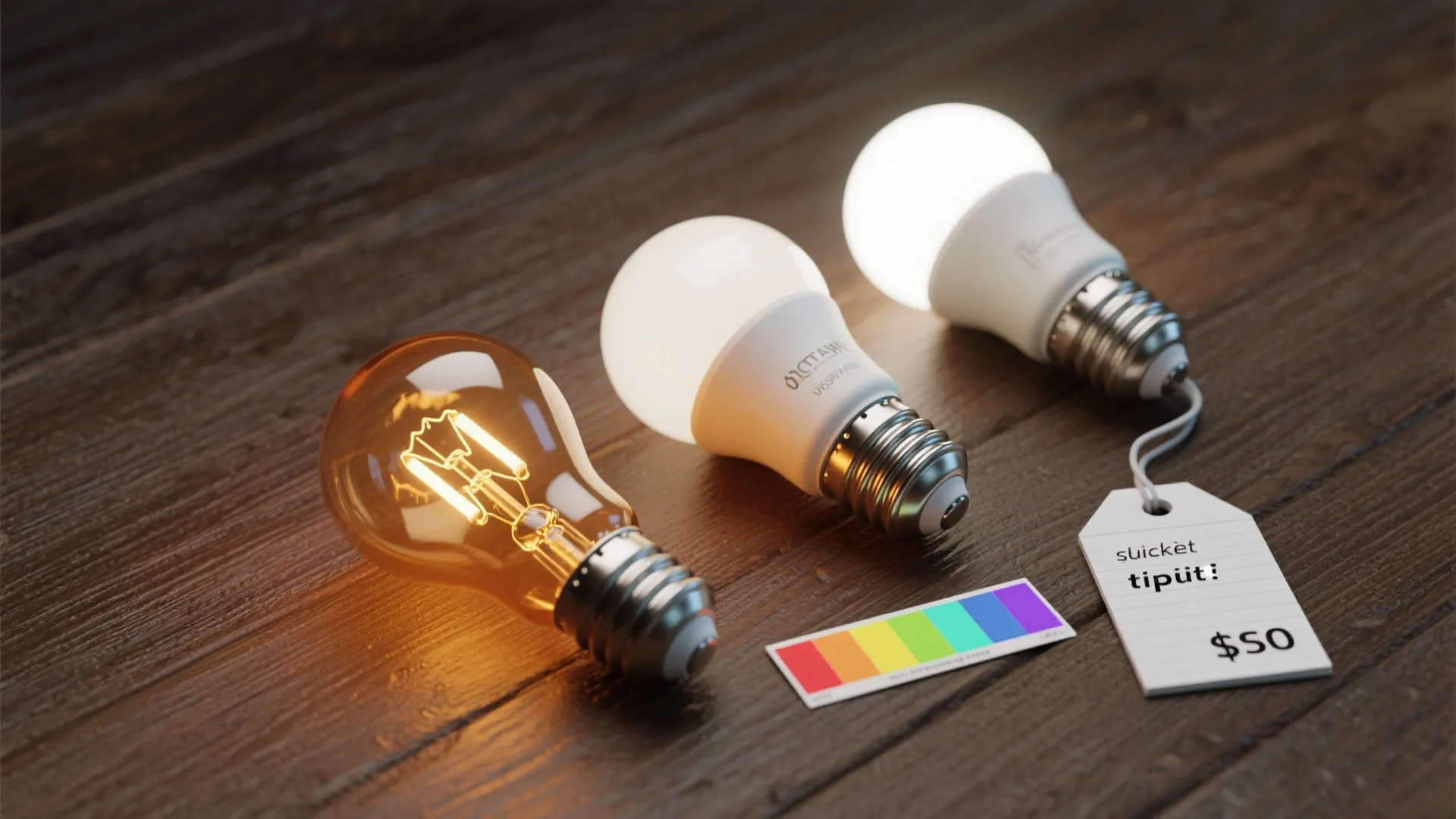 Three different light bulbs on wooden floor with price tag and rainbow color chart for selection