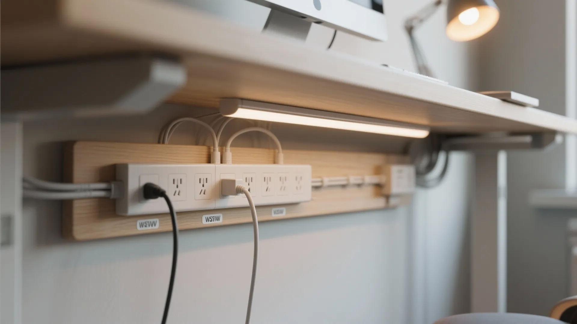 Under desk cable management showing power strip with plugs and light fixture on wooden desk