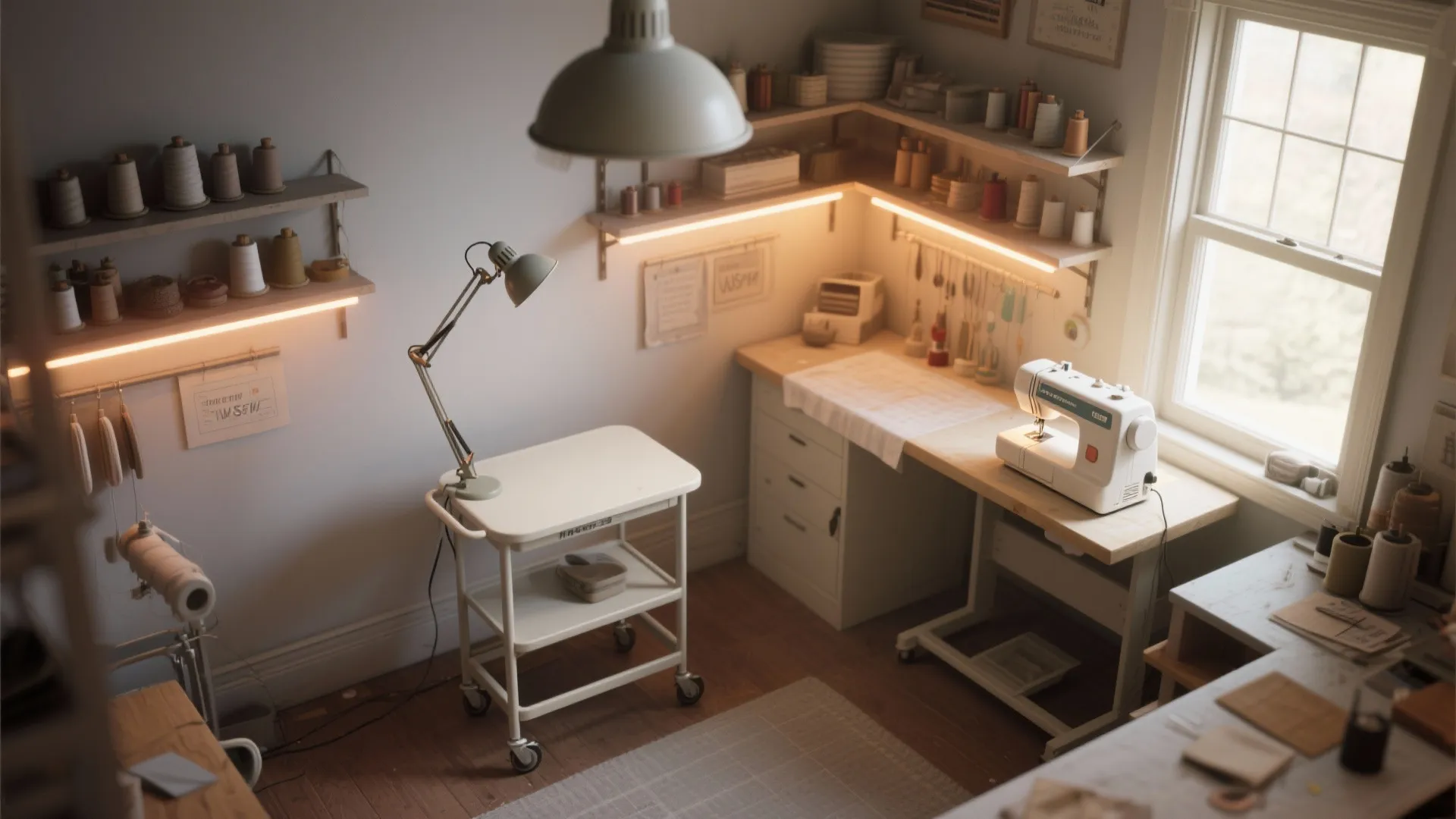 Sewing room layout with white desk sewing machine storage shelves white rolling cart and ceiling light