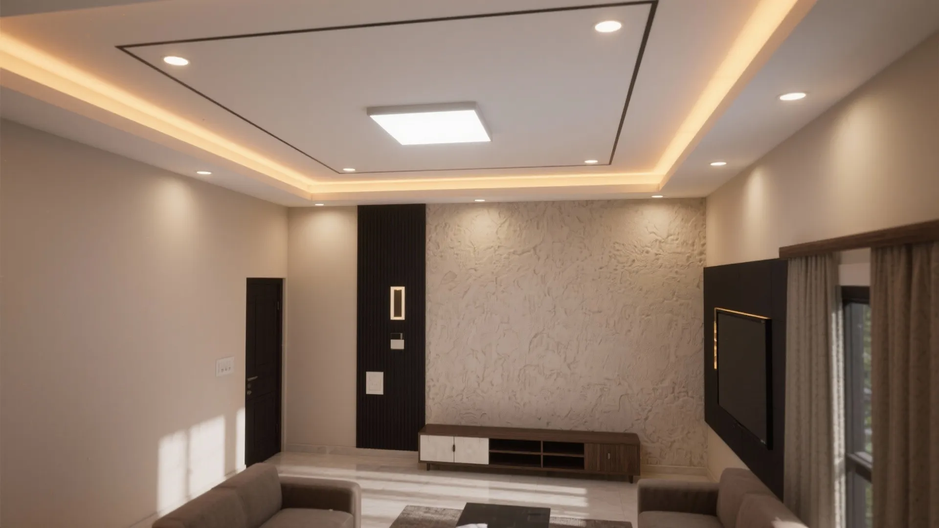 Living room with recessed ceiling light fixture and warm hidden lights above a textured wall