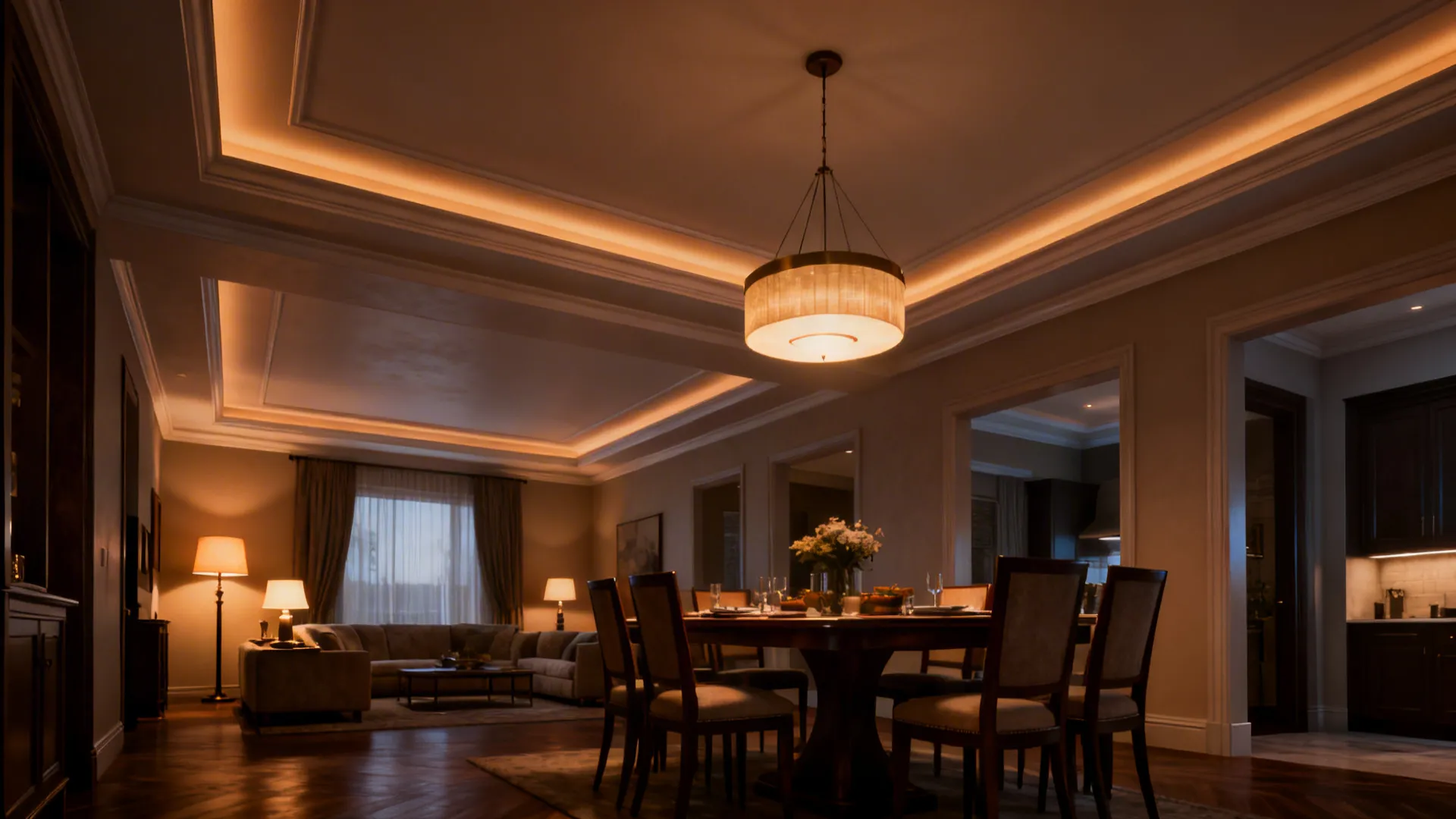 Warm interior lighting with a round ceiling light and hidden light strips in the ceiling