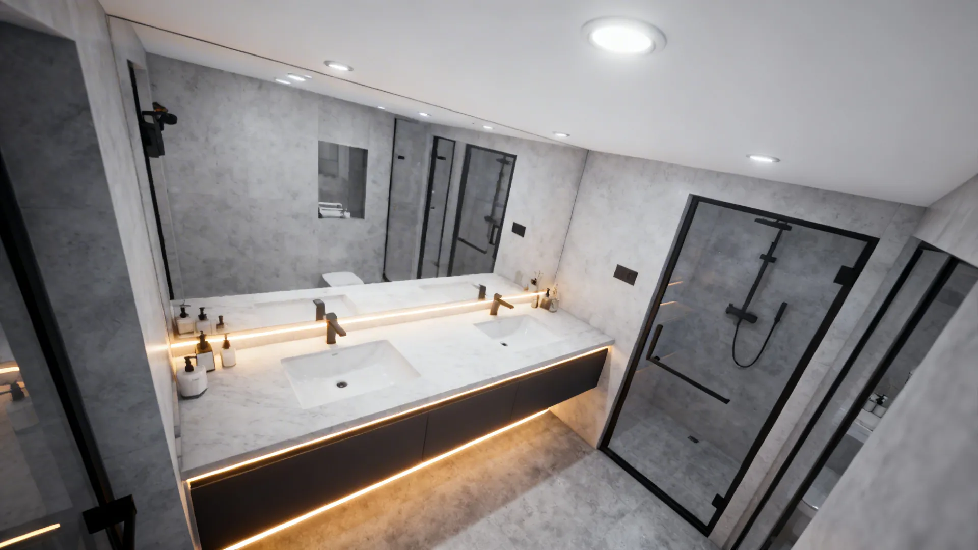 Layered bathroom lighting with bright white ceiling and warm under-vanity LED strip.