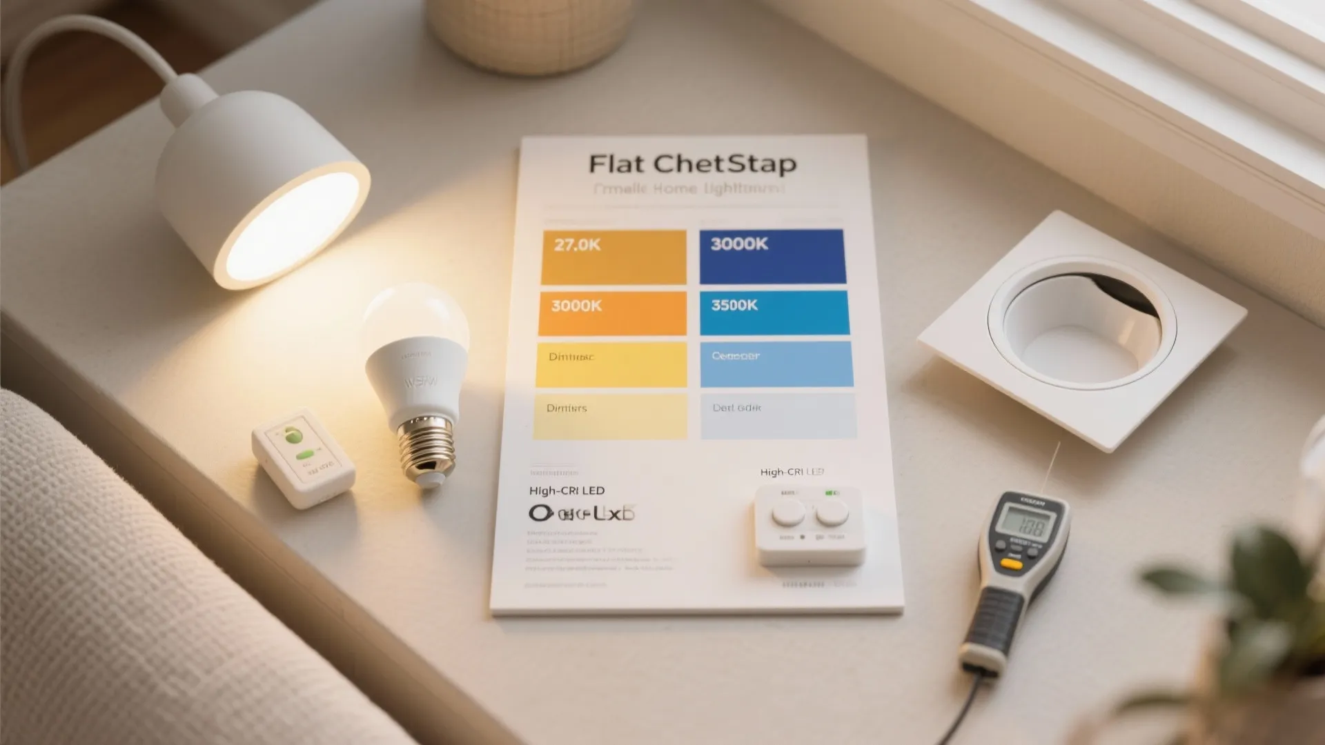 Top-down flatlay of lighting essentials: LEDs, dimmer, color temperature swatches, recessed trims, and a lux meter.