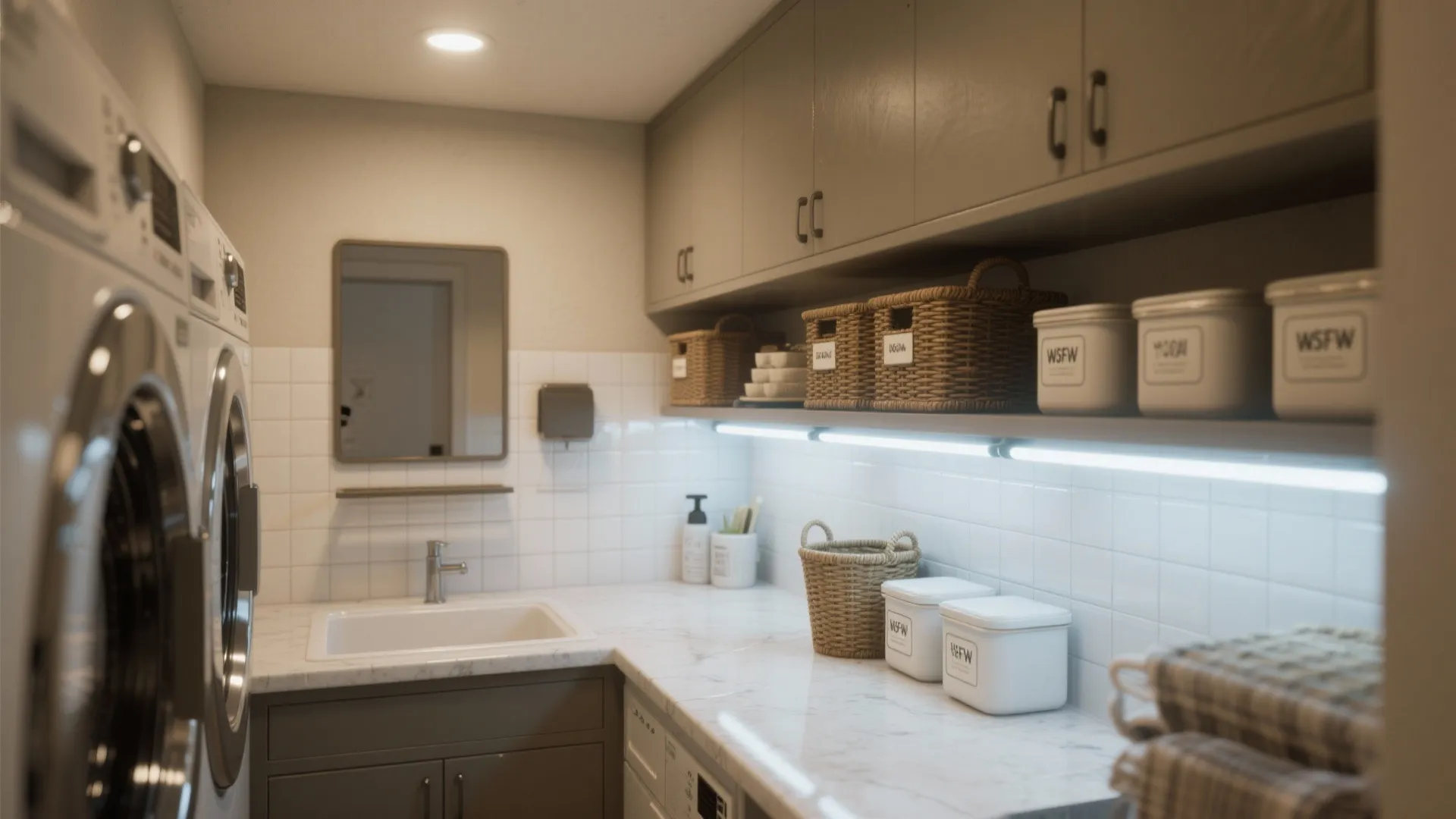 Modern laundry room with white tiles and marble counter featuring woven baskets and warm under-cabinet lighting
