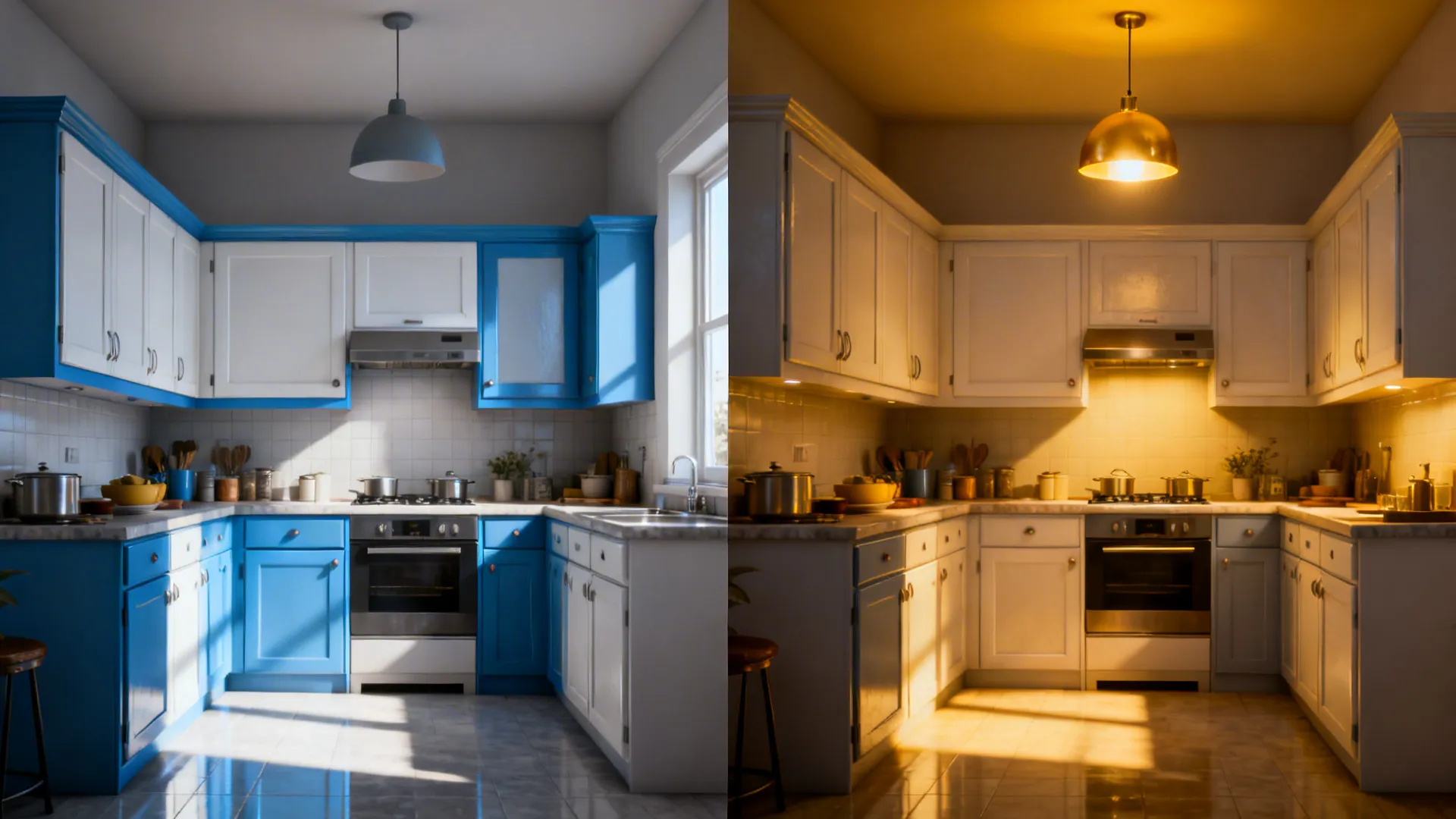 Same kitchen shown side-by-side under daylight and warm pendant light to compare paint color shift