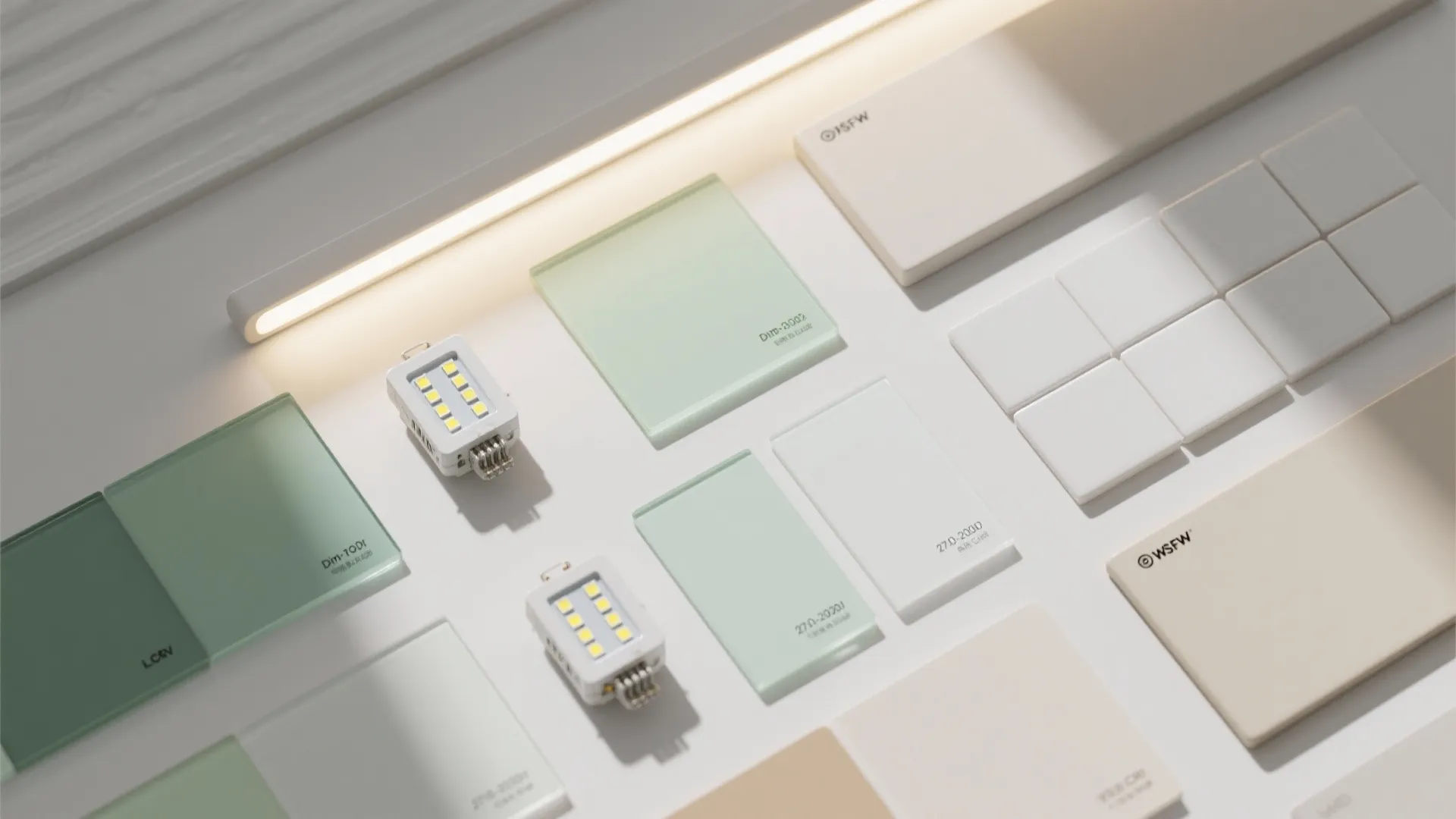 Flatlay with LED modules, glass tile samples, and neutral paint swatches for a cohesive lighting-color plan.