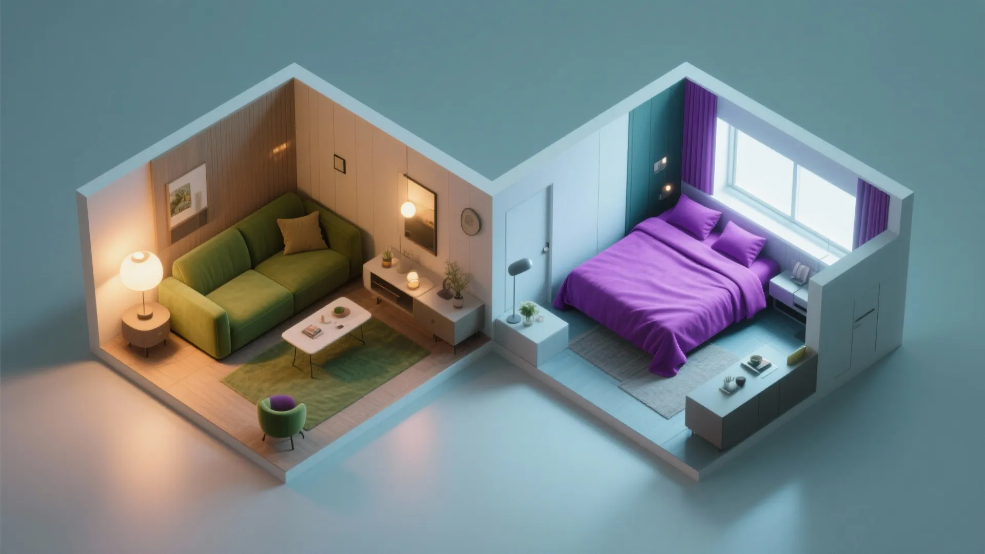 Isometric interior design drawing showing green living room next to purple bedroom room layout design