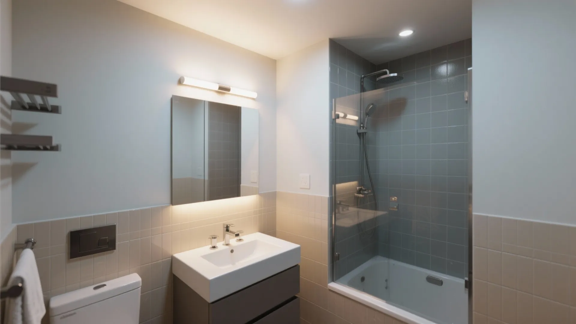 Small bathroom featuring white sink dark cabinet wall light toilet and blue tiled shower area