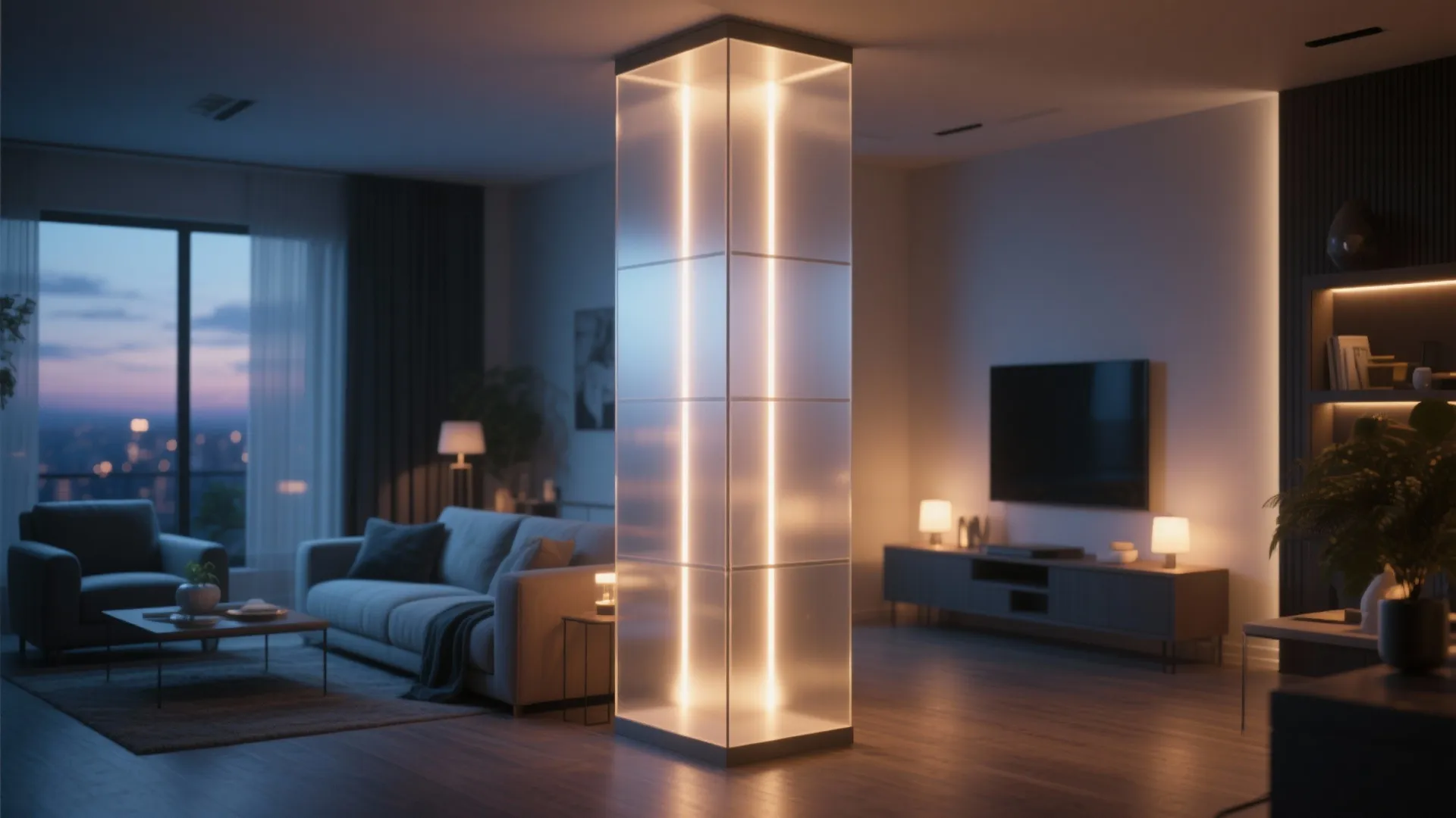 Modern dark living room featuring a tall glowing glass light fixture near a grey sofa