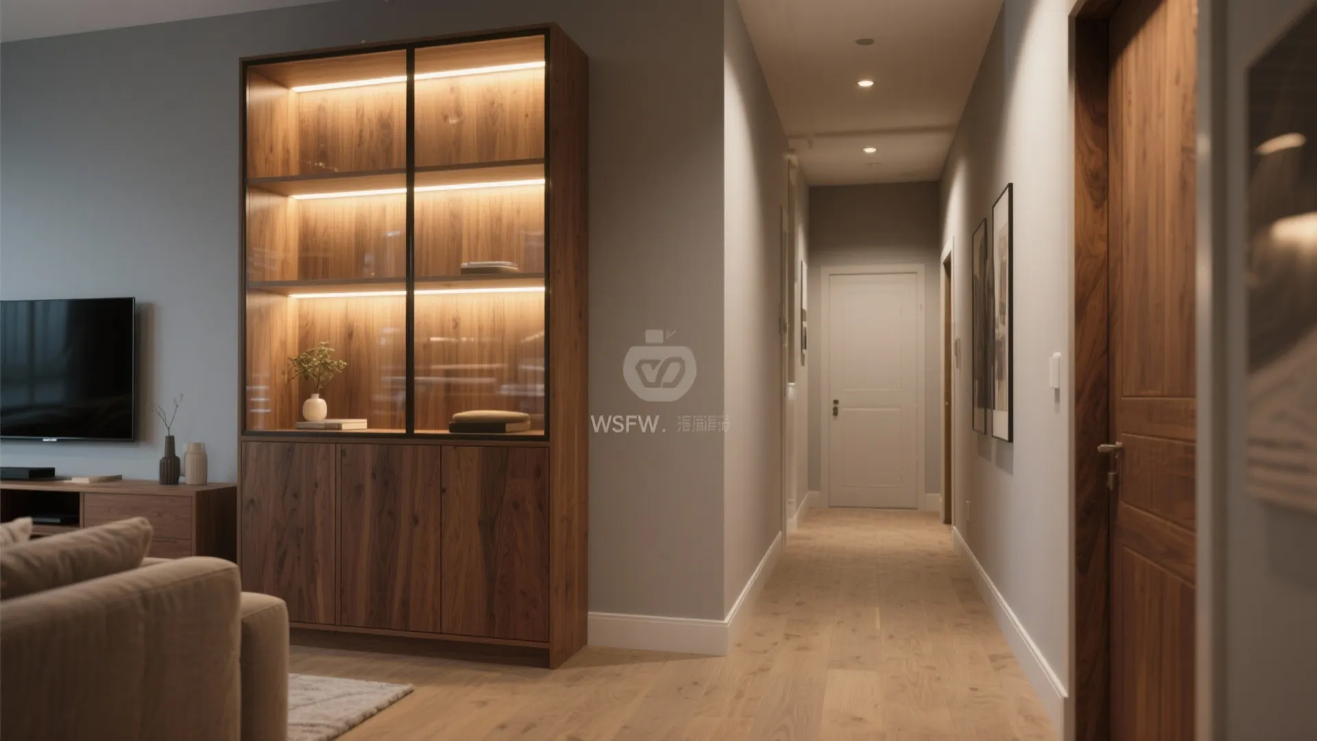 Large wooden cabinet with internal lights next to hallway with white walls and wood floor