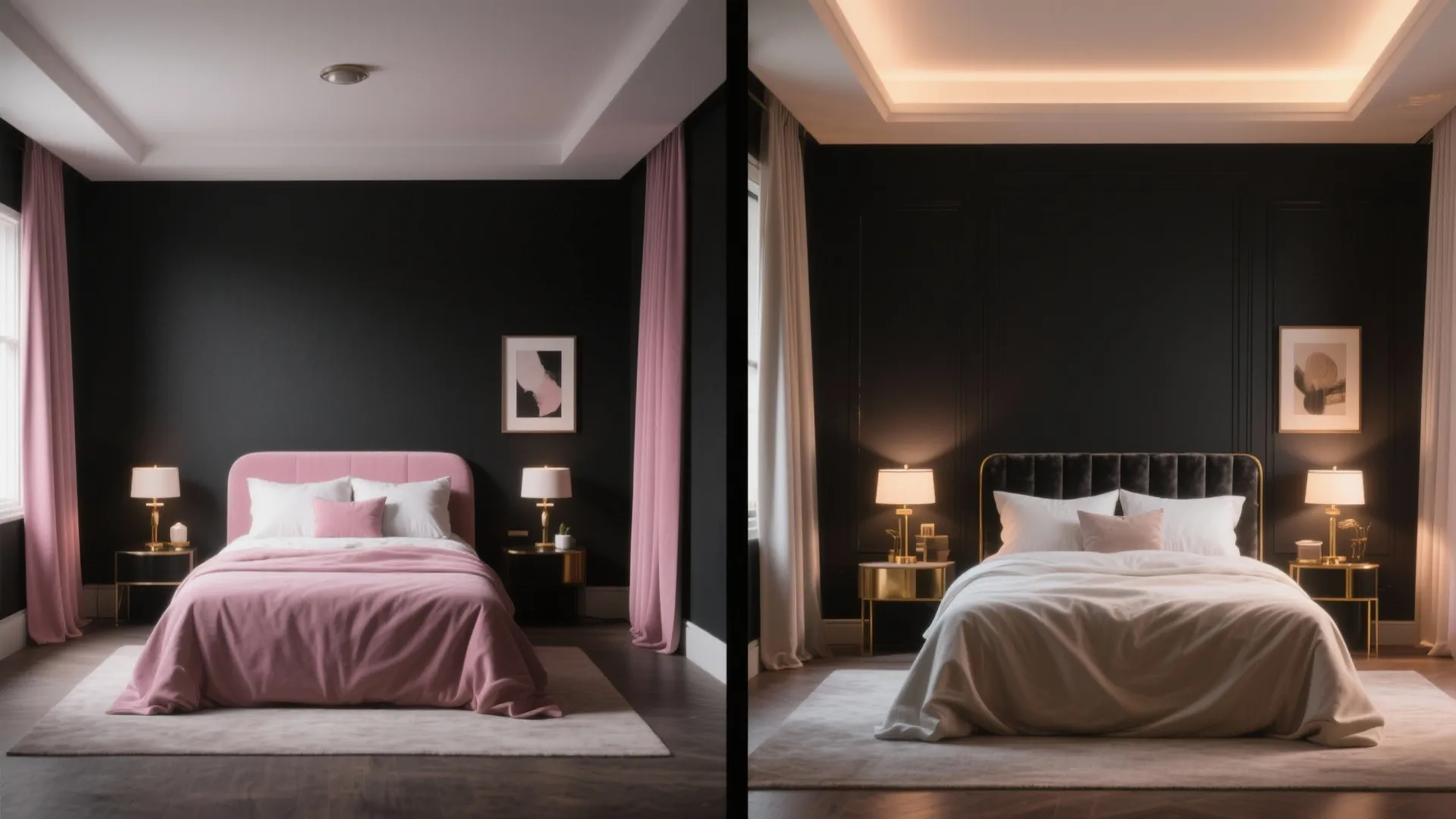 Before and after comparison showing pink bedroom with standard light versus warm hidden ceiling light