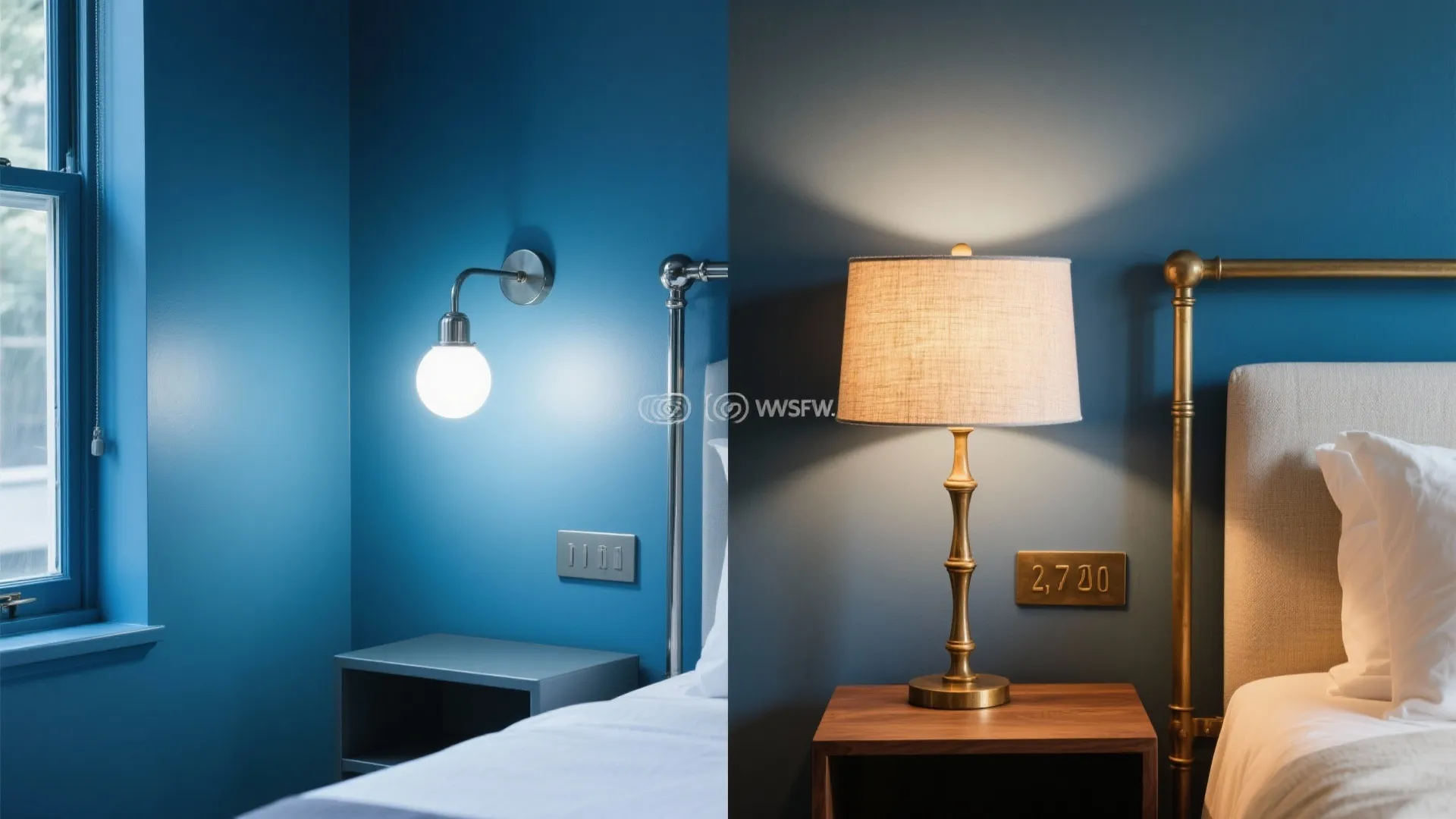 Side by side comparison of cool white wall light and warm yellow table lamp in bedroom