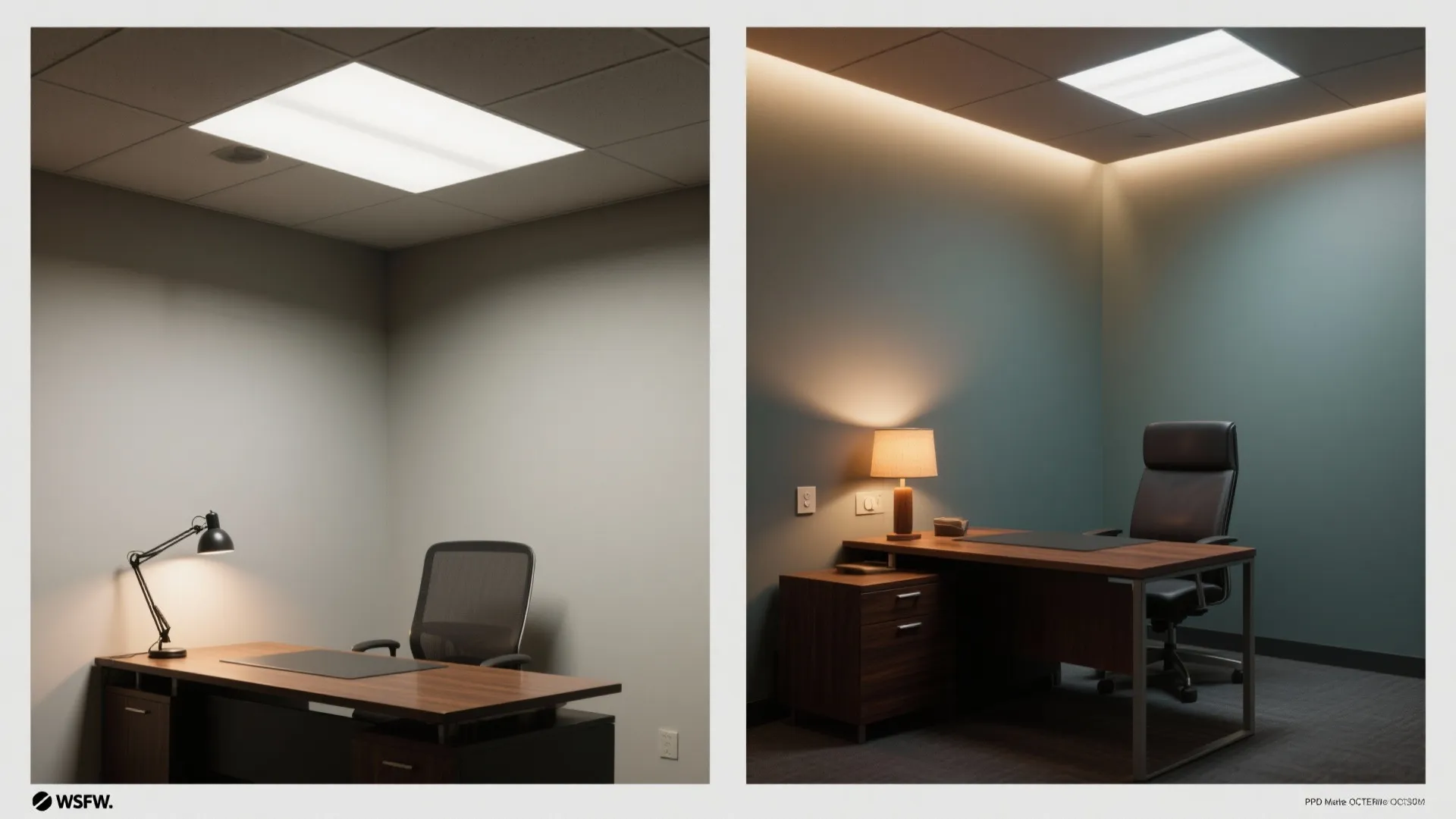 Side by side comparison of office room lighting showing basic overhead light versus warm lighting