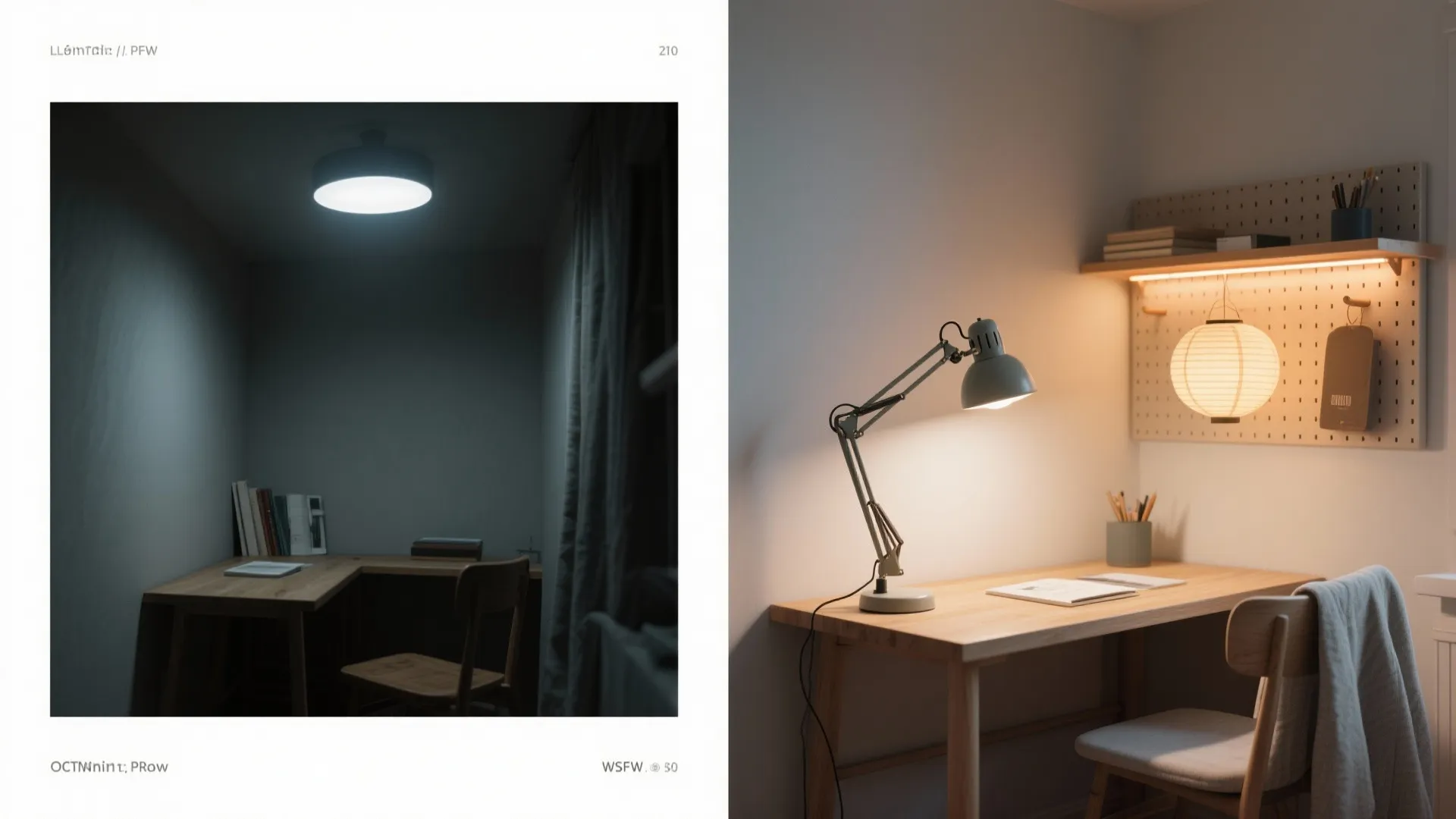 Comparison of two home office desk setups showing cool blue lighting versus warm yellow light