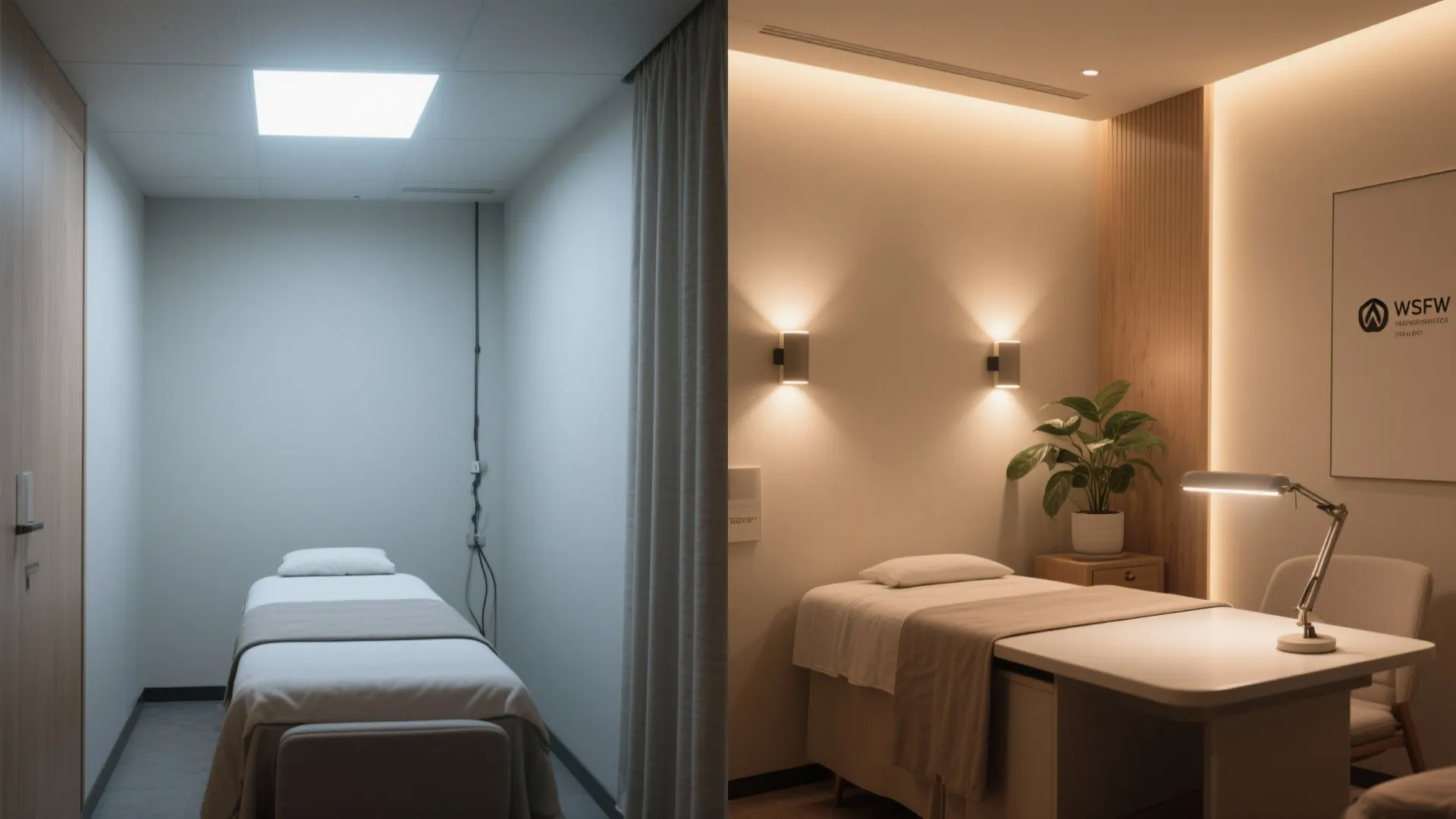 Comparison of massage room lighting showing cold white ceiling light versus warm yellow wall lights