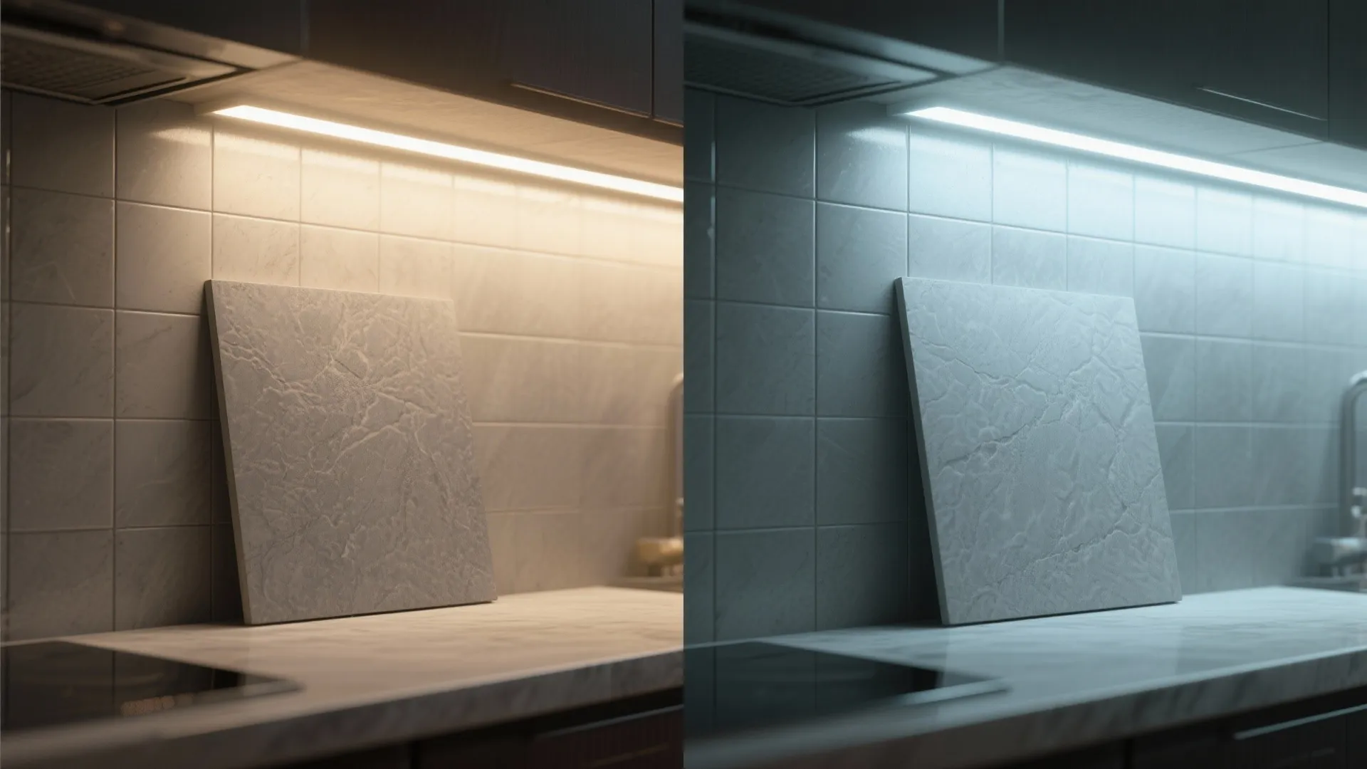Gray tile sample shown under warm and cool lighting to illustrate undertone differences.