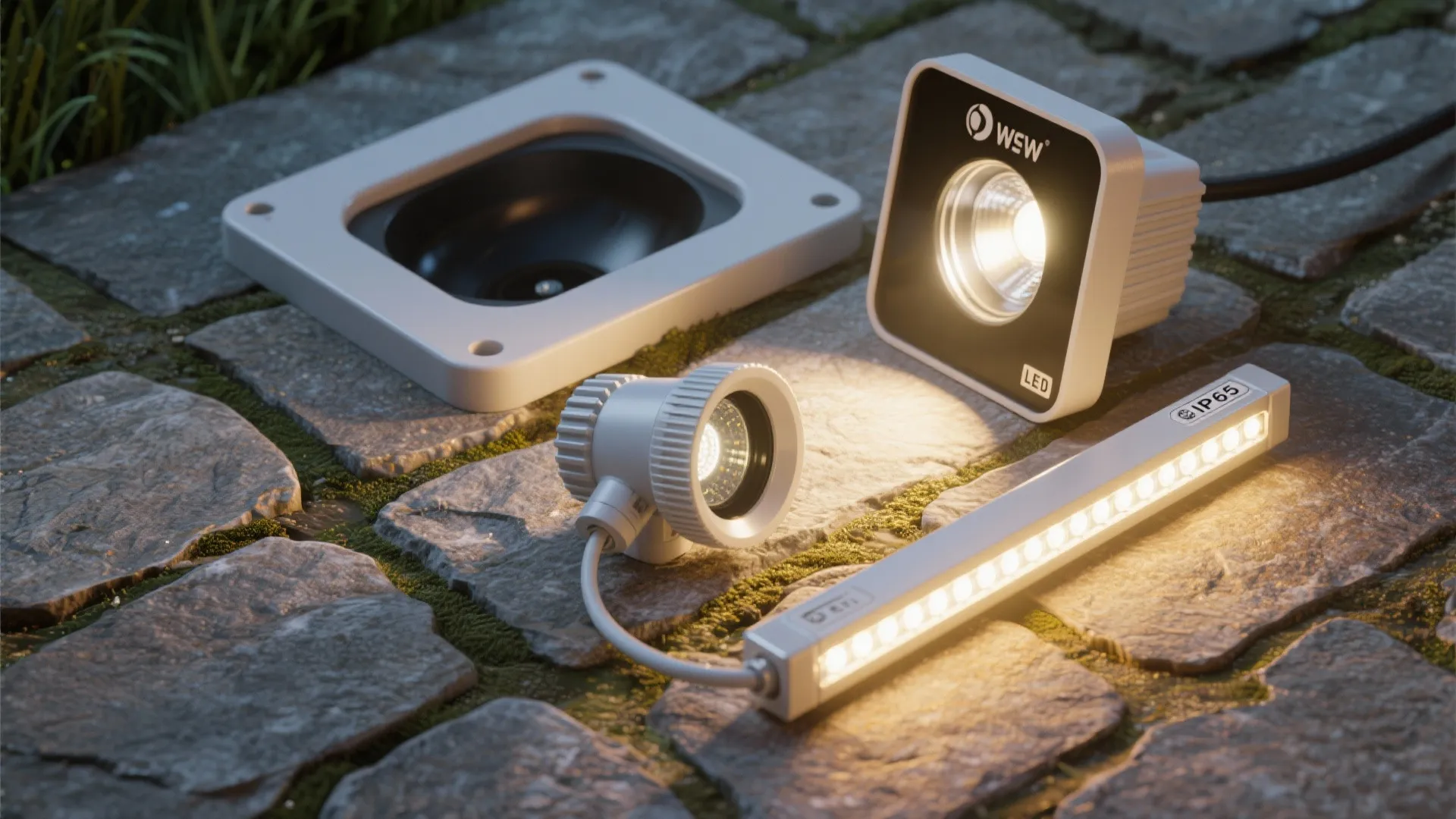 Assortment of outdoor lighting components displayed on stone: fixtures, housings and LED strip.