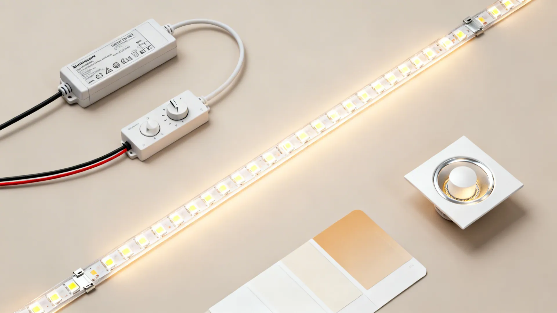 LED strip light kit with a power adapter, controller, white ceiling light, and color swatches