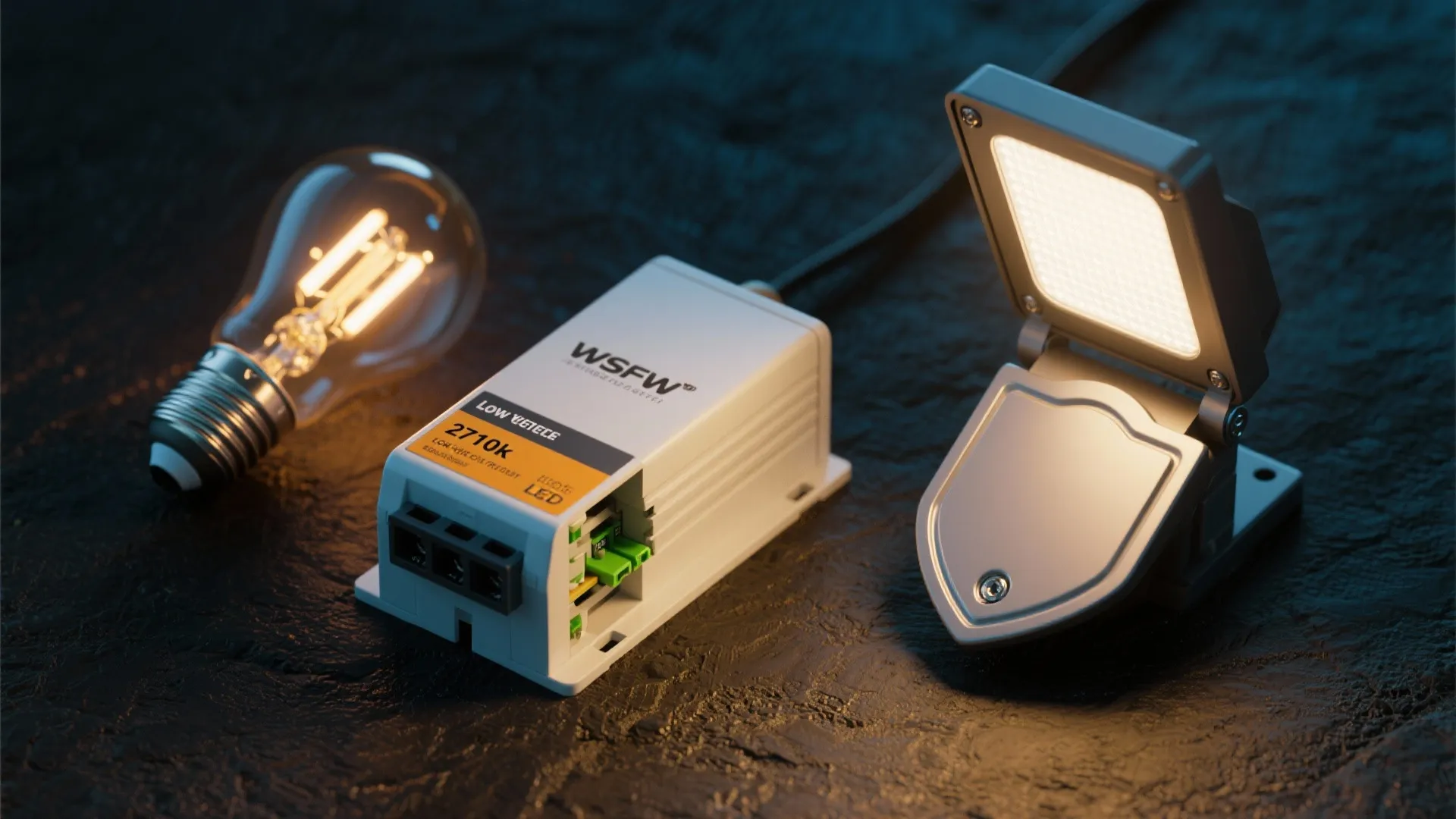 Light bulb and power box next to a small light fixture on a dark surface