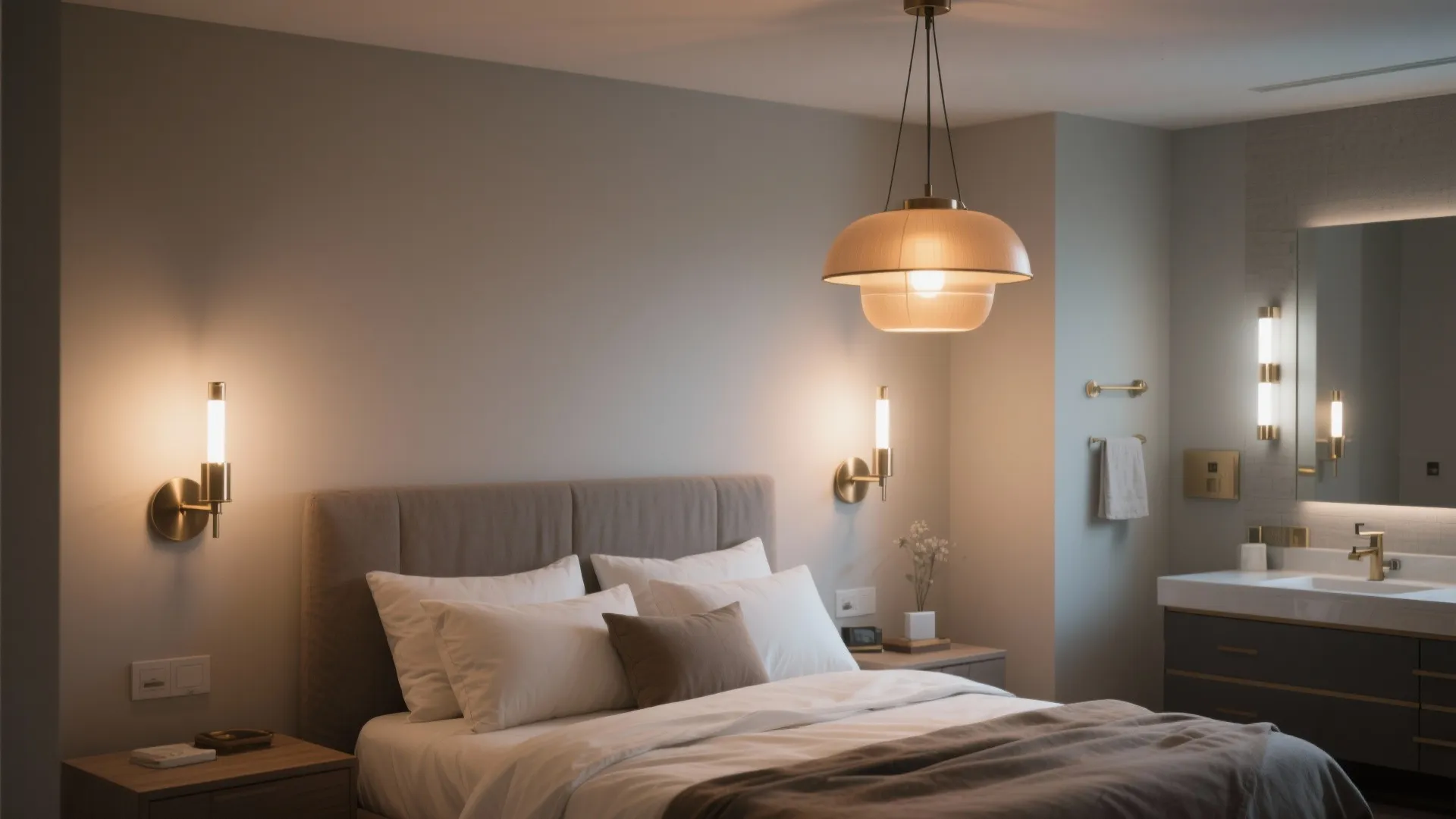 Bedroom and bathroom lighting with consistent style but different brightness levels