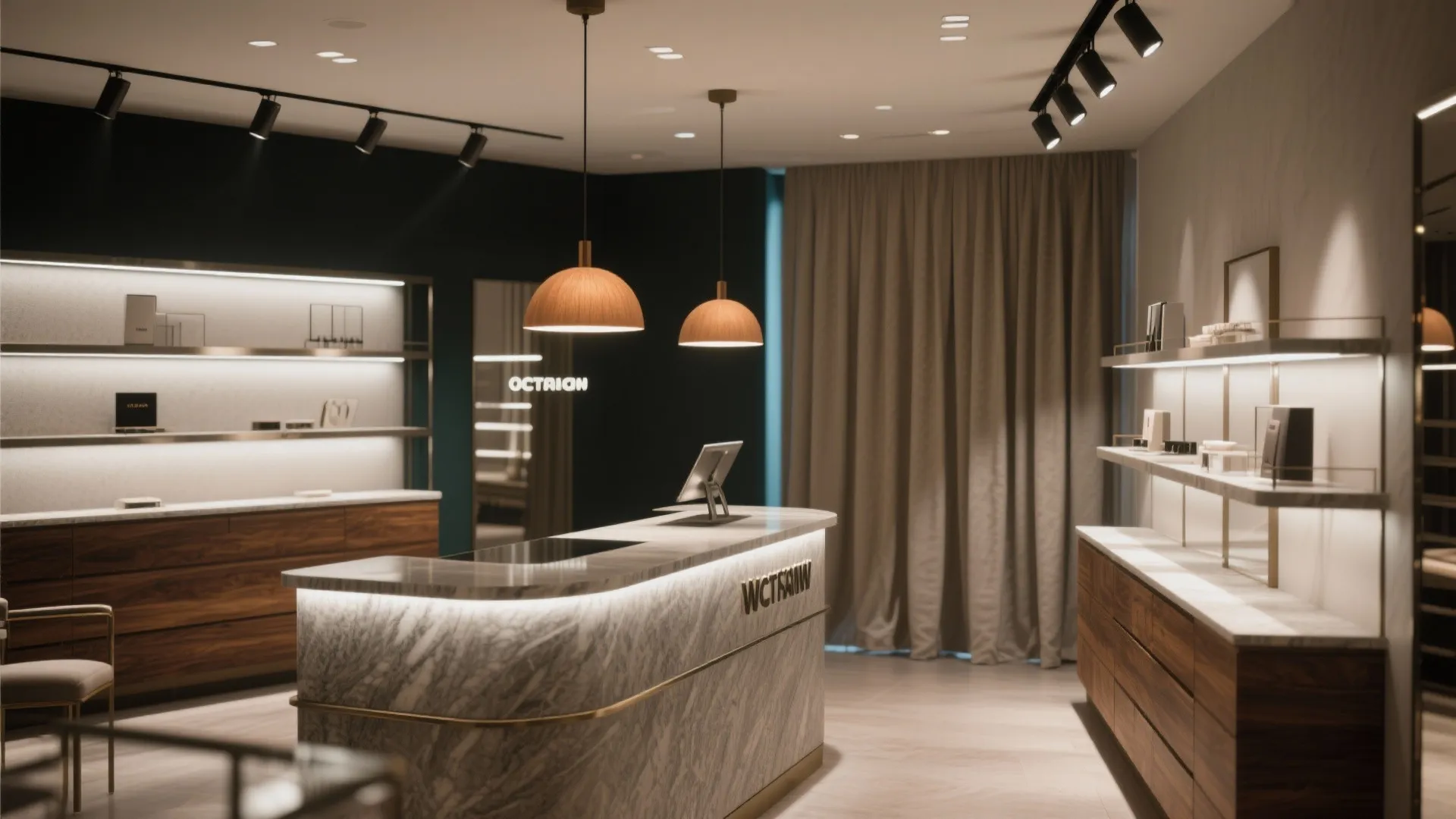 Modern marble shop counter with two ceiling lights light fixtures on ceiling and long grey curtain