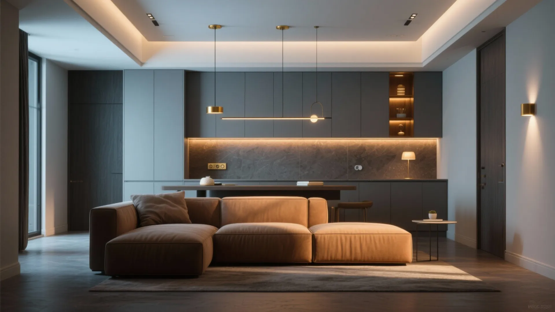 Interior showing warm accent lighting near camel sofa and cooler ambient light over gray zone