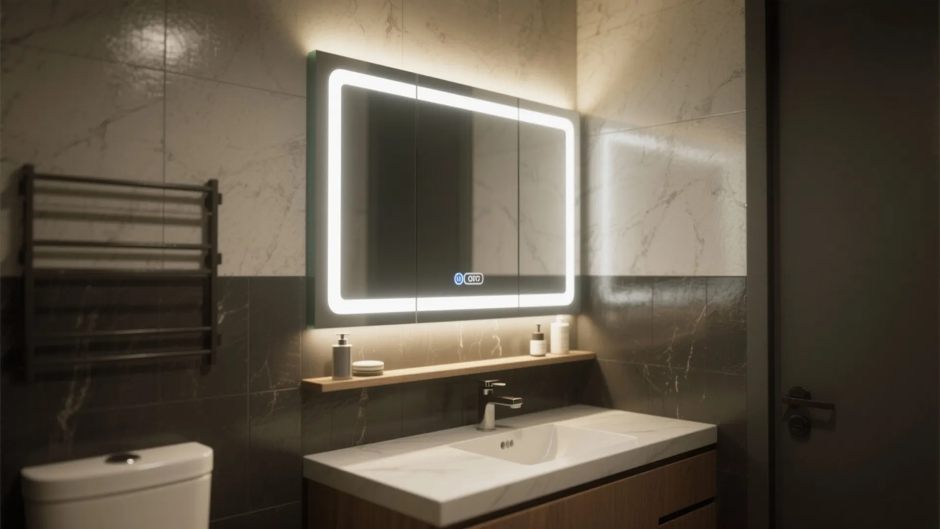 Bathroom with LED strip lighting and contrasting benchtop to reveal residue early