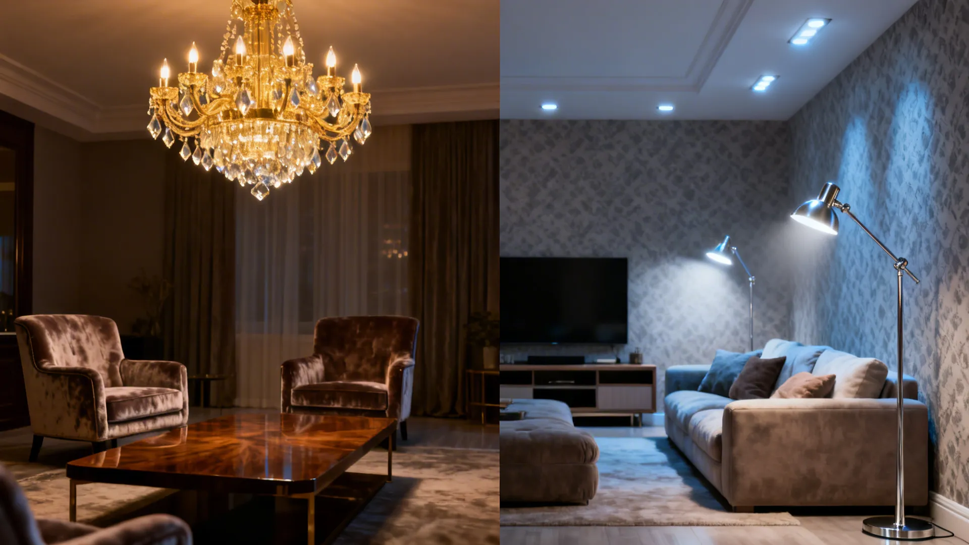 Comparison of warm yellow ceiling light versus cool blue light fixtures in a living room