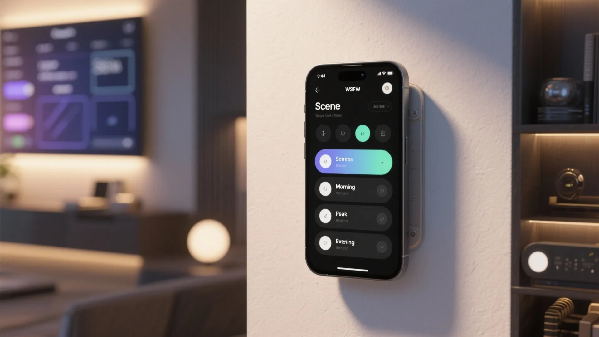 Scene controller panel and mobile app showing programmable lighting presets for a retail store.