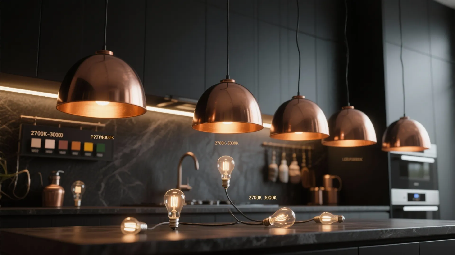 Row of copper ceiling lights above a kitchen island with light bulbs on the counter