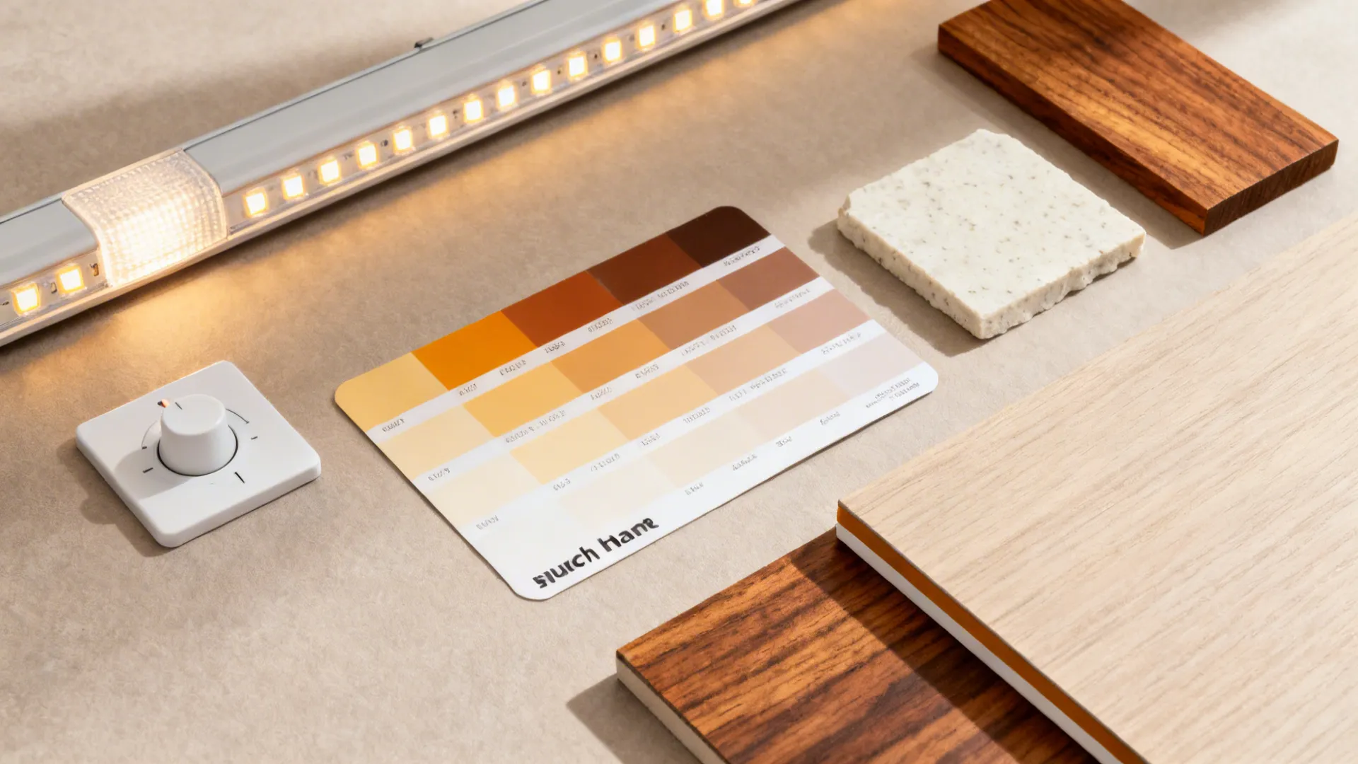 Flatlay with LED strip, dimmer, butcher block, and stone remnant samples.