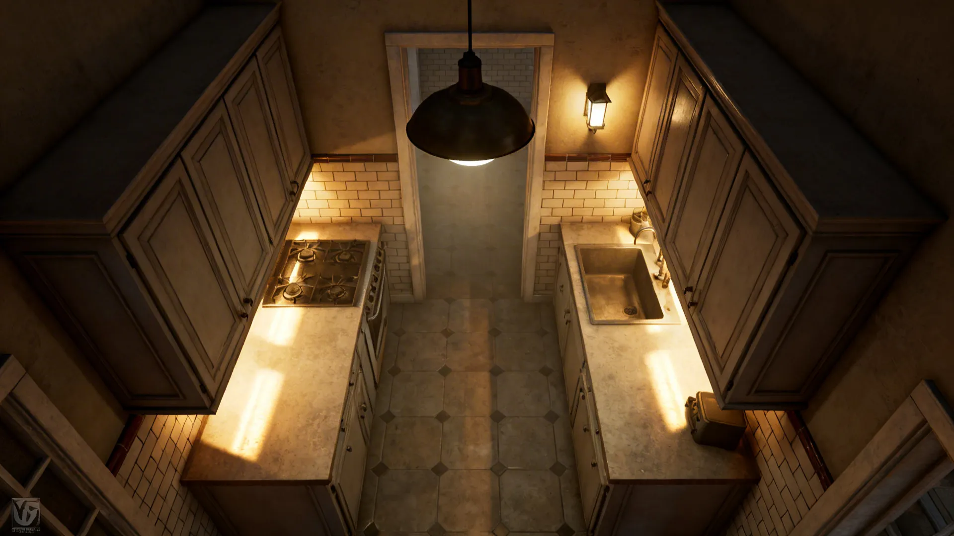 Top-down scene showing pendant, sconce, and under-cabinet light coverage in a small kitchen.