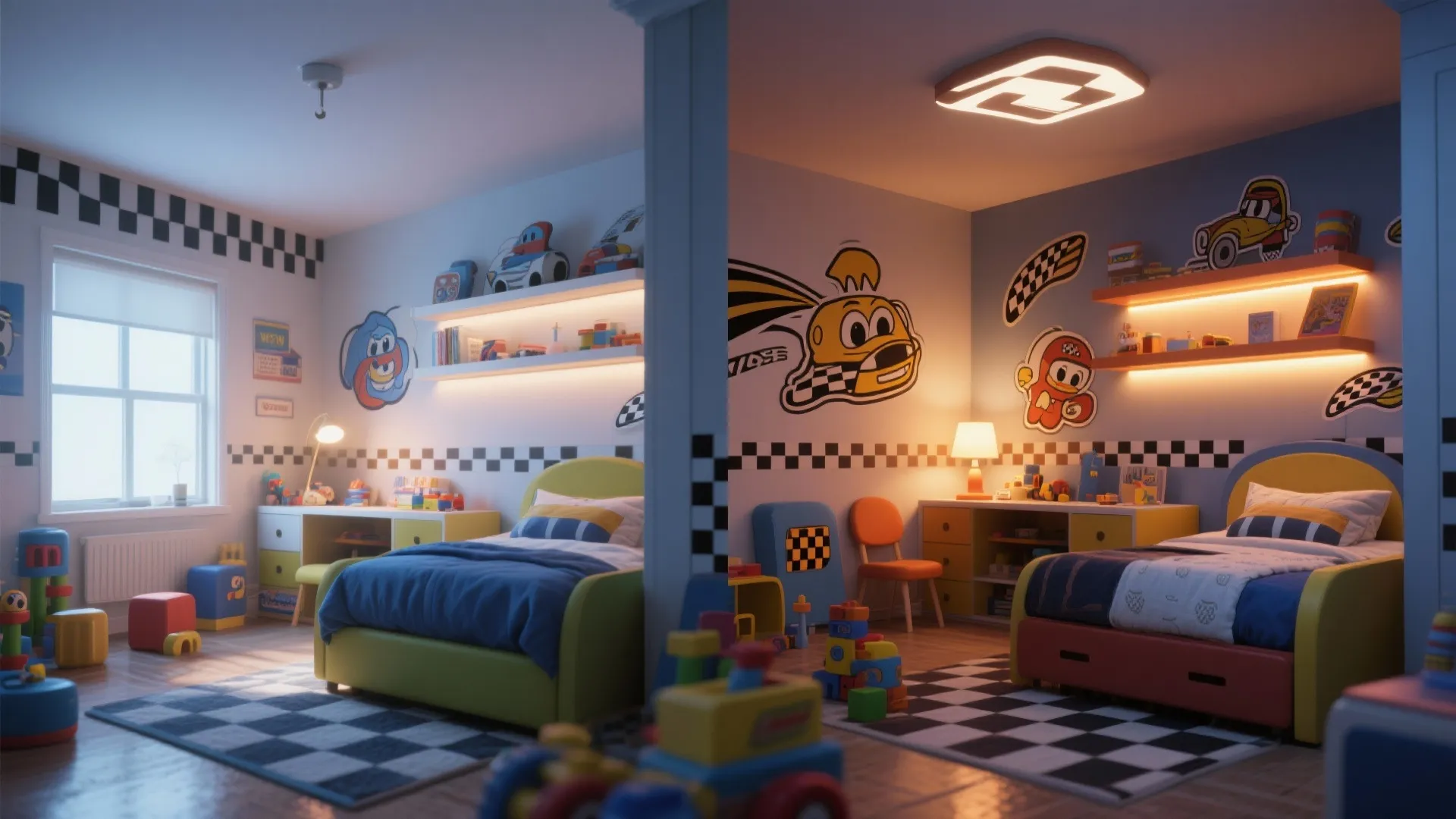 Split image showing a race-themed room in daylight and at night with layered lighting.