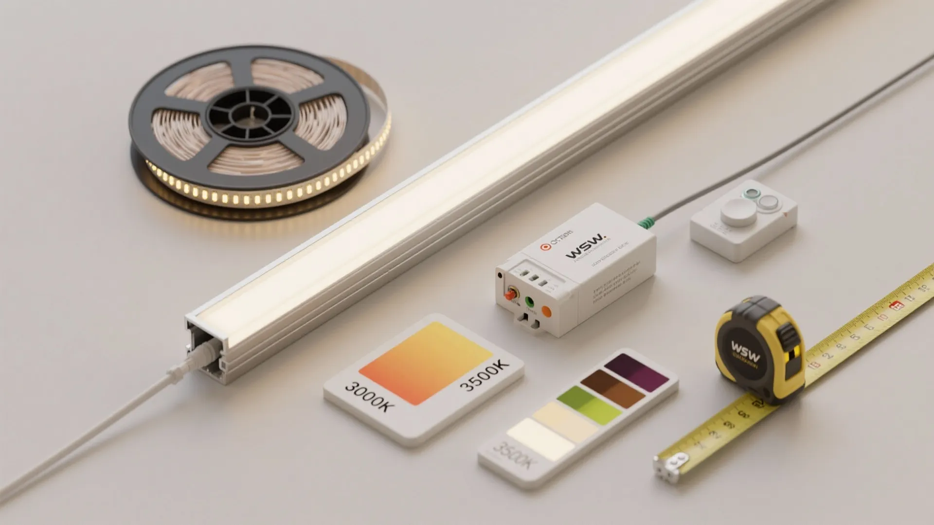 LED strip light parts including a reel, power controller, switch, measuring tape, and color cards