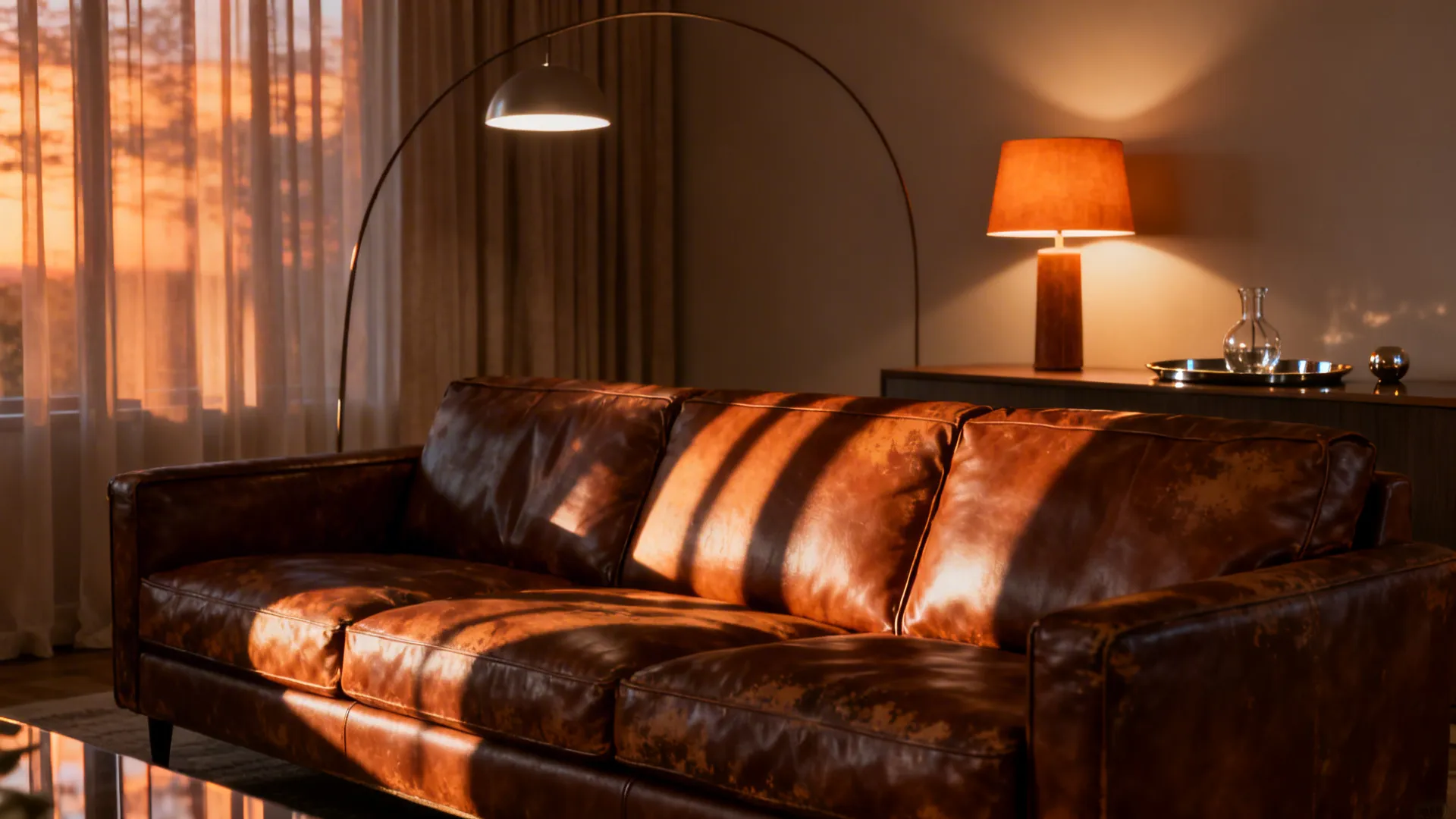 Layered lighting highlighting the leather sofa's texture with a slim arc lamp and table lamp.