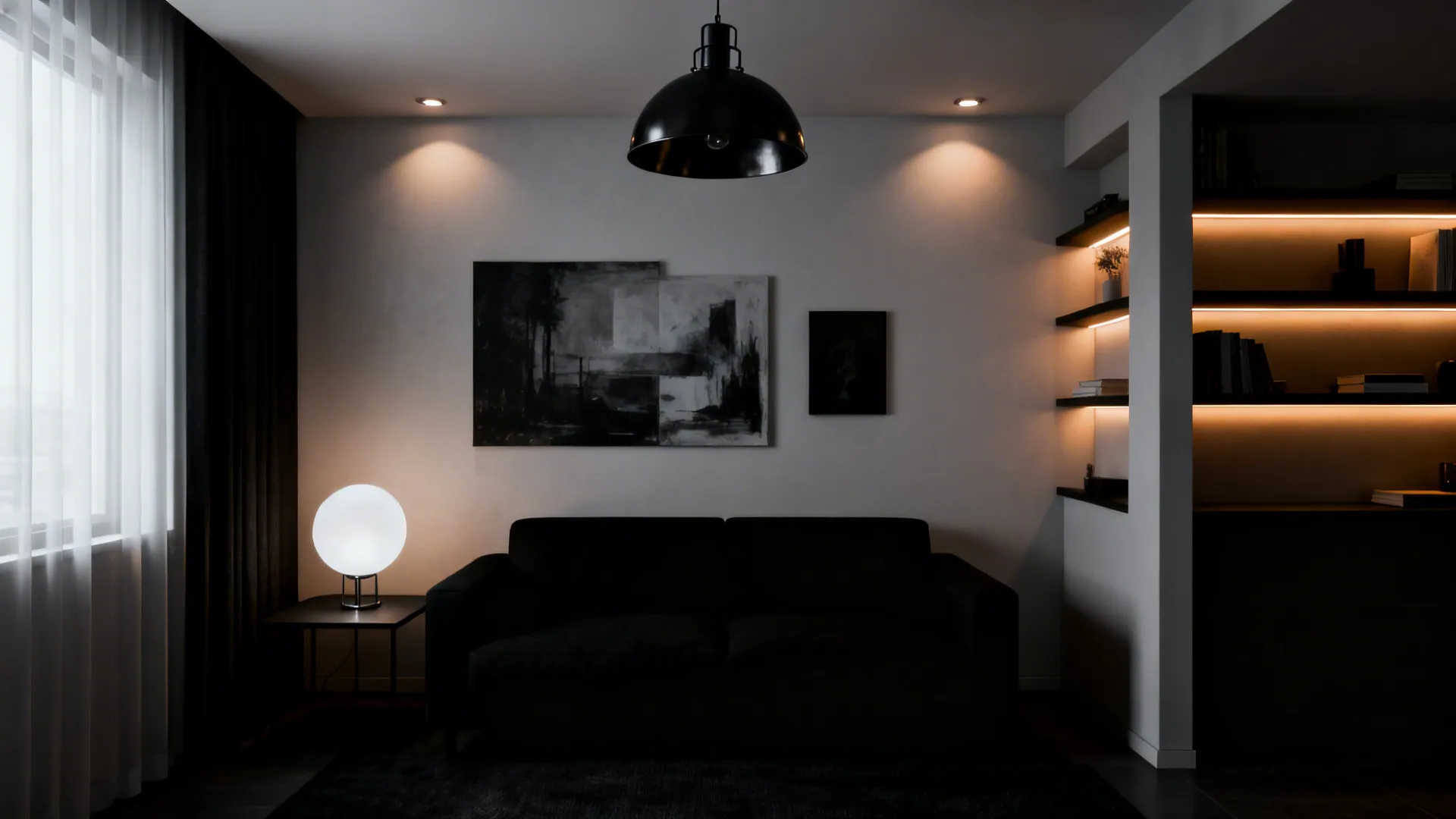 Layered lighting in a small black-and-white living room with a black pendant and white globe lamp.